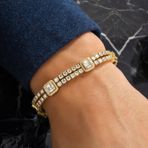 14K GOLD BAGUETTE AND ROUND DIAMONDS SQUARE SHAPES BRACELET 11.05 CT