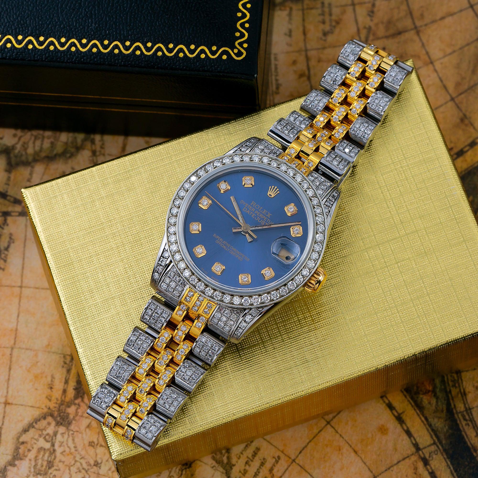 Rolex Datejust 31MM 6824 Blue Diamond Dial Diamond Bezel Two Tone Yellow Gold Full Diamond Jubilee Bracelet