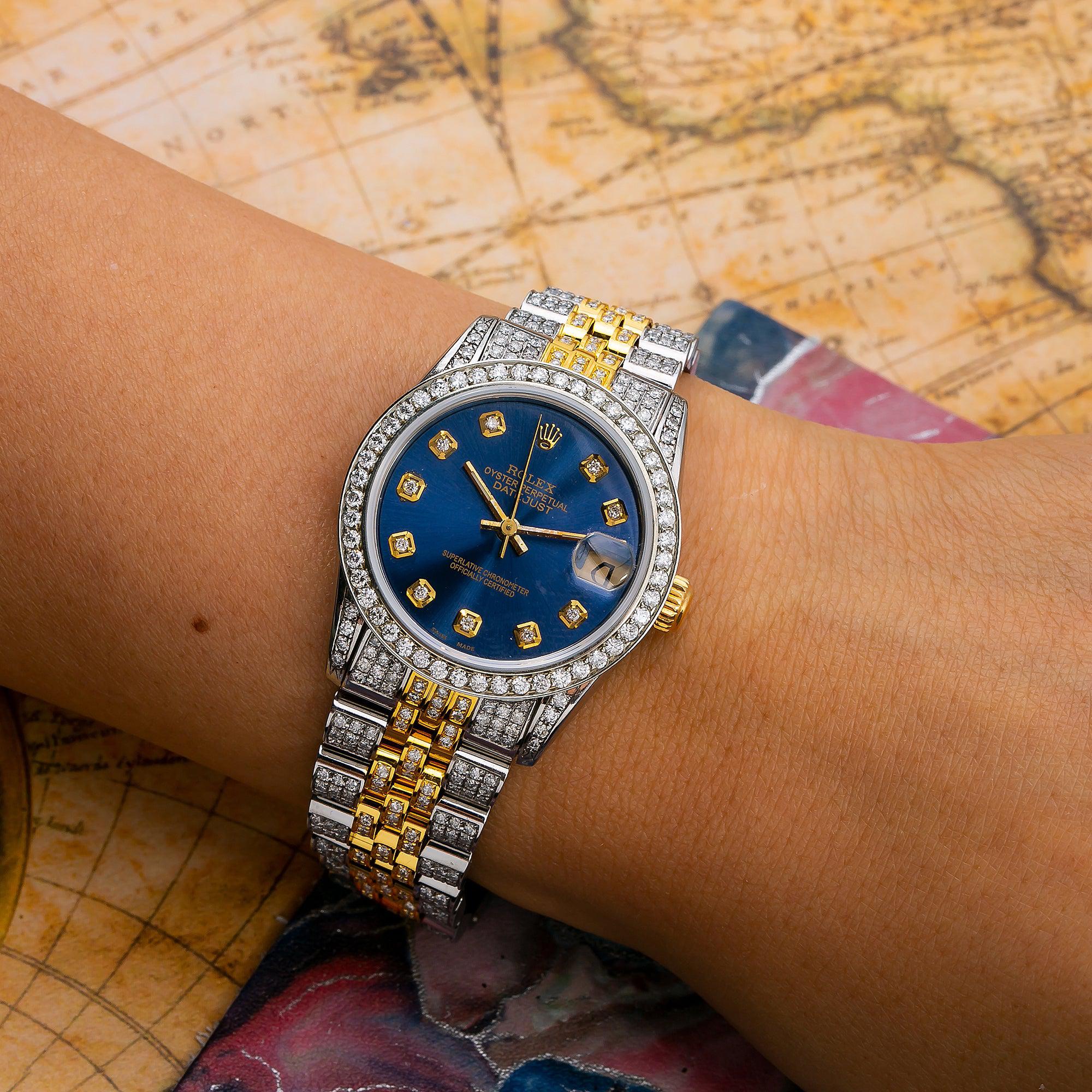 Rolex Datejust 31MM 6824 Blue Diamond Dial Diamond Bezel Two Tone Yellow Gold Full Diamond Jubilee Bracelet