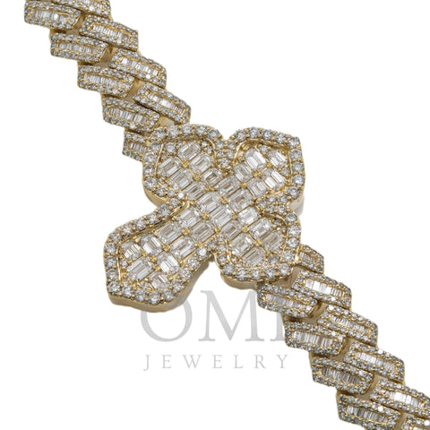 10K GOLD BAGUETTE AND ROUND DIAMOND PRONG CUBAN LINK CROSS CHAIN