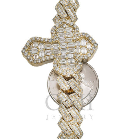 10K GOLD BAGUETTE AND ROUND DIAMOND PRONG CUBAN LINK CROSS CHAIN