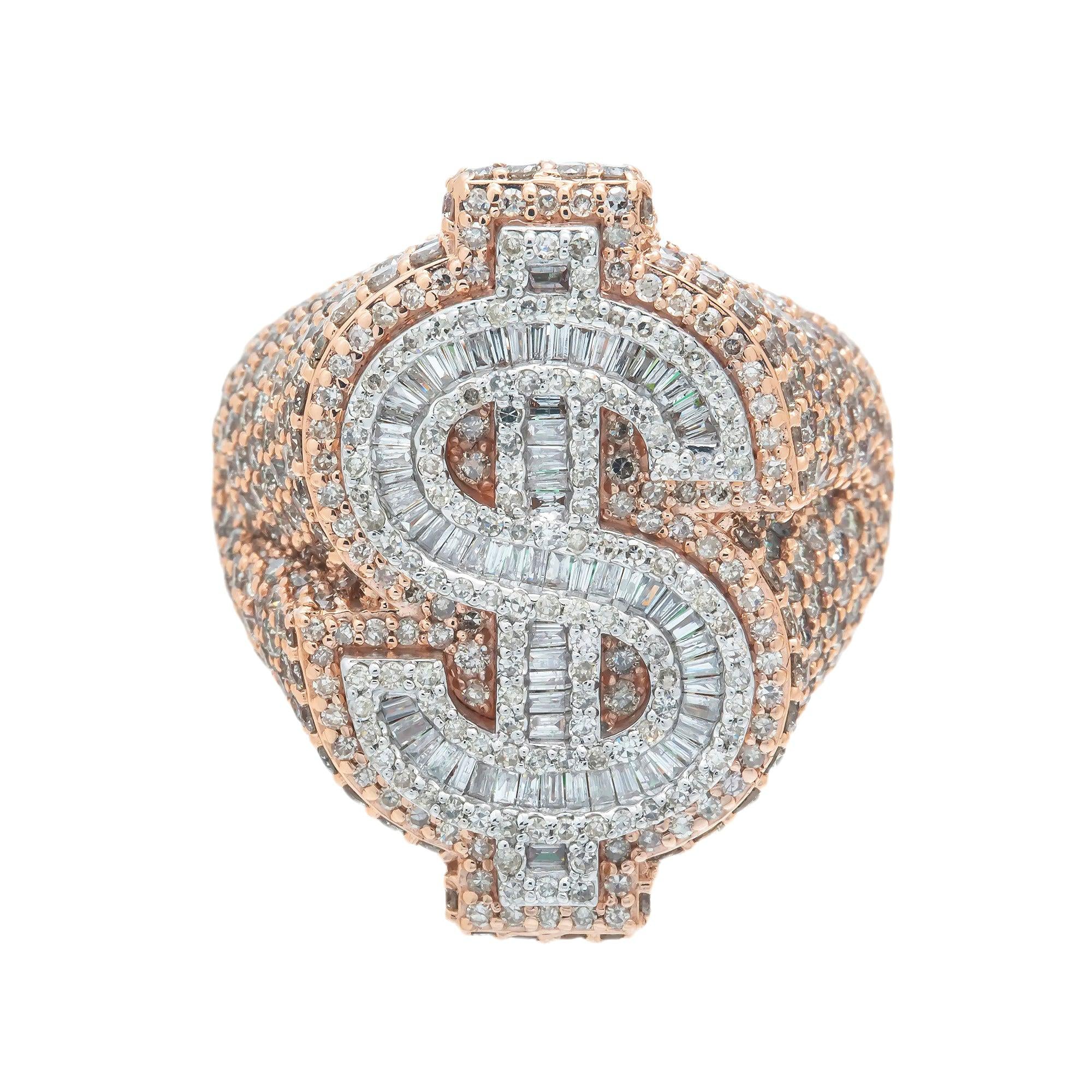 10K GOLD BAGUETTE CLUSTER DIAMOND 3D DOLLAR SIGN RING 6.65 CT
