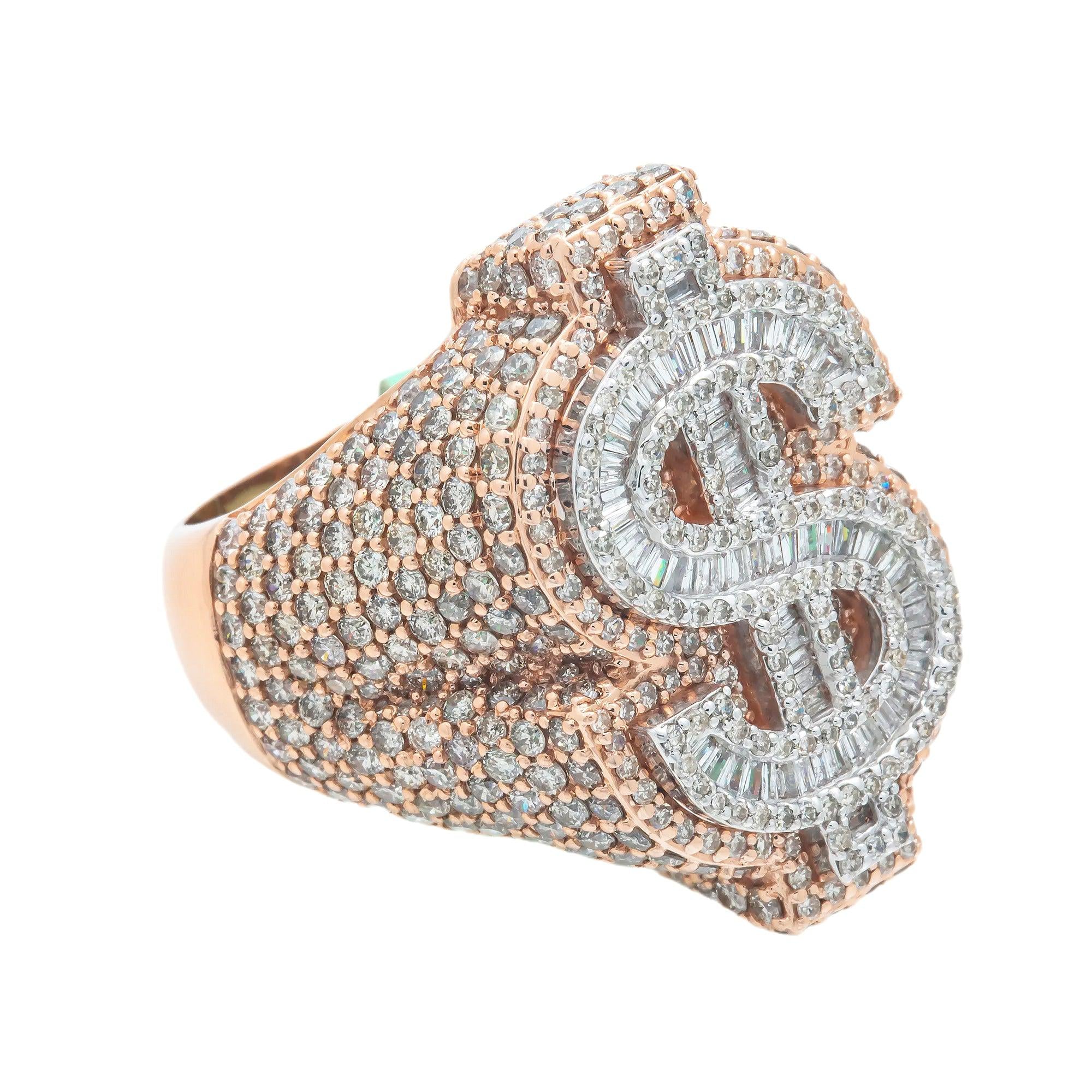 10K GOLD BAGUETTE CLUSTER DIAMOND 3D DOLLAR SIGN RING 6.65 CT