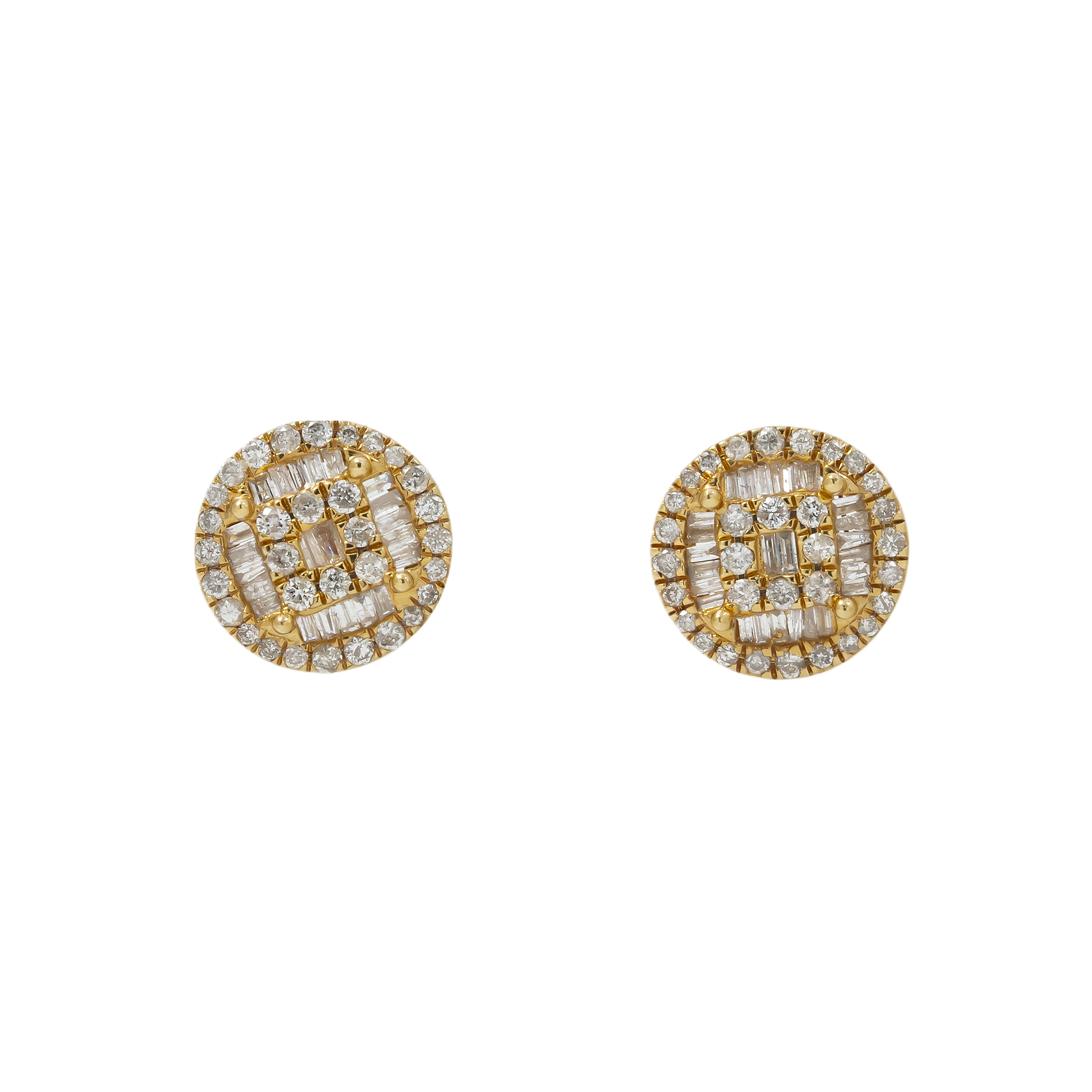 14K GOLD BAGUETTE AND ROUND DIAMOND CLUSTER EARRINGS 1.18 CTW