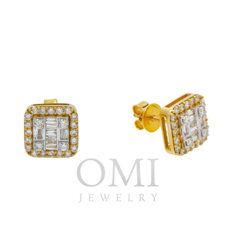 10K GOLD BAGUETTE AND ROUND DIAMOND CLUSTER SQUARE SHAPE EARRINGS 0.97 CTW