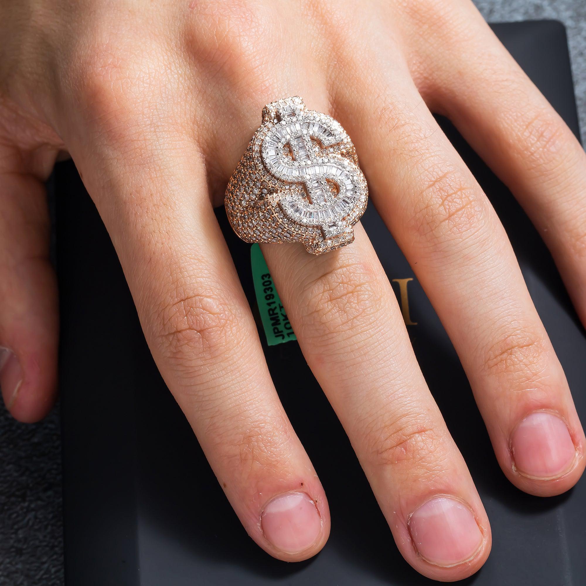 10K GOLD BAGUETTE CLUSTER DIAMOND 3D DOLLAR SIGN RING 6.65 CT