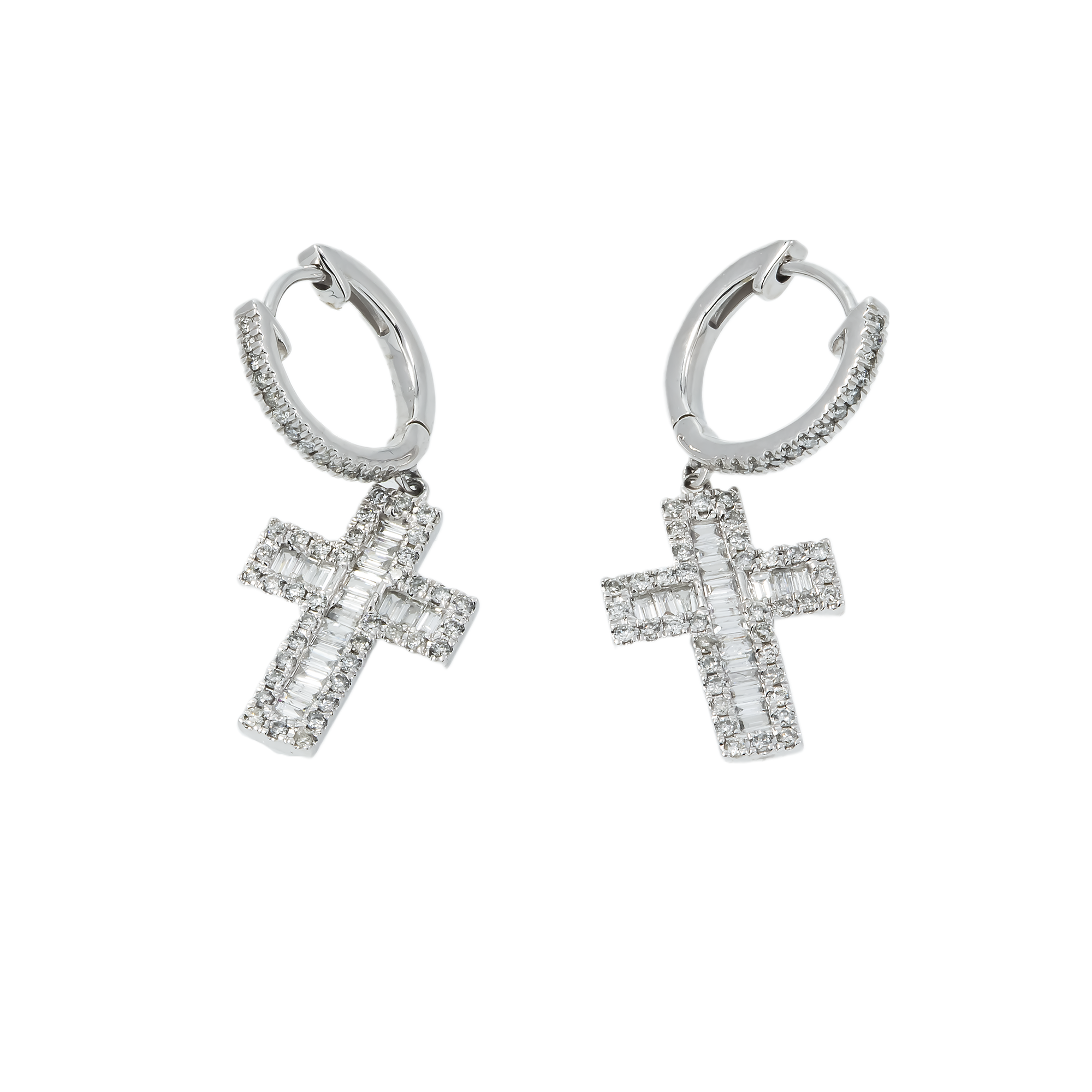 10K GOLD BAGUETTE AND ROUND DIAMOND CROSS HOOP EARRINGS CTW
