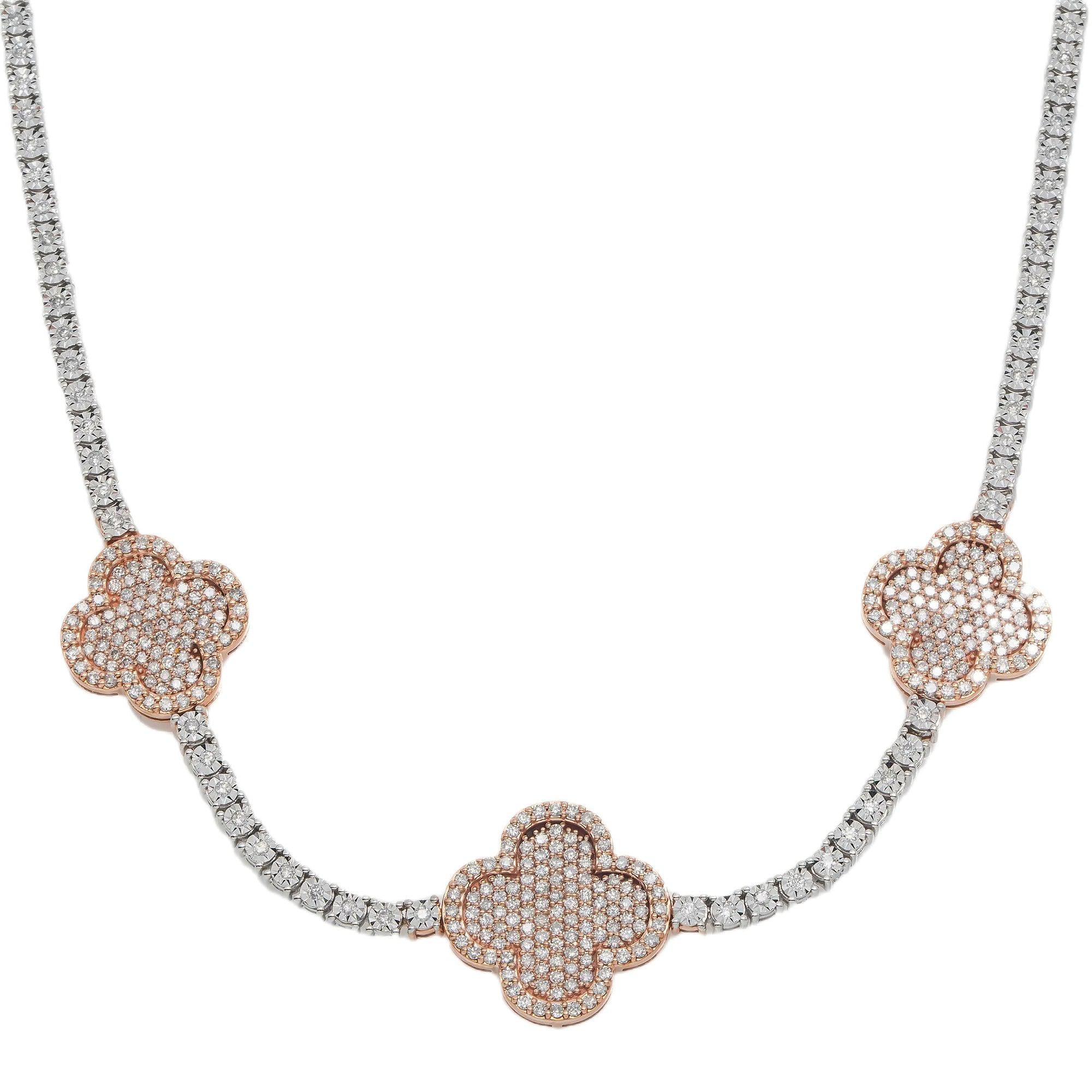 10K GOLD ROUND DIAMOND CLOVER TWO TONE TENNIS CHAIN 3.55 CT