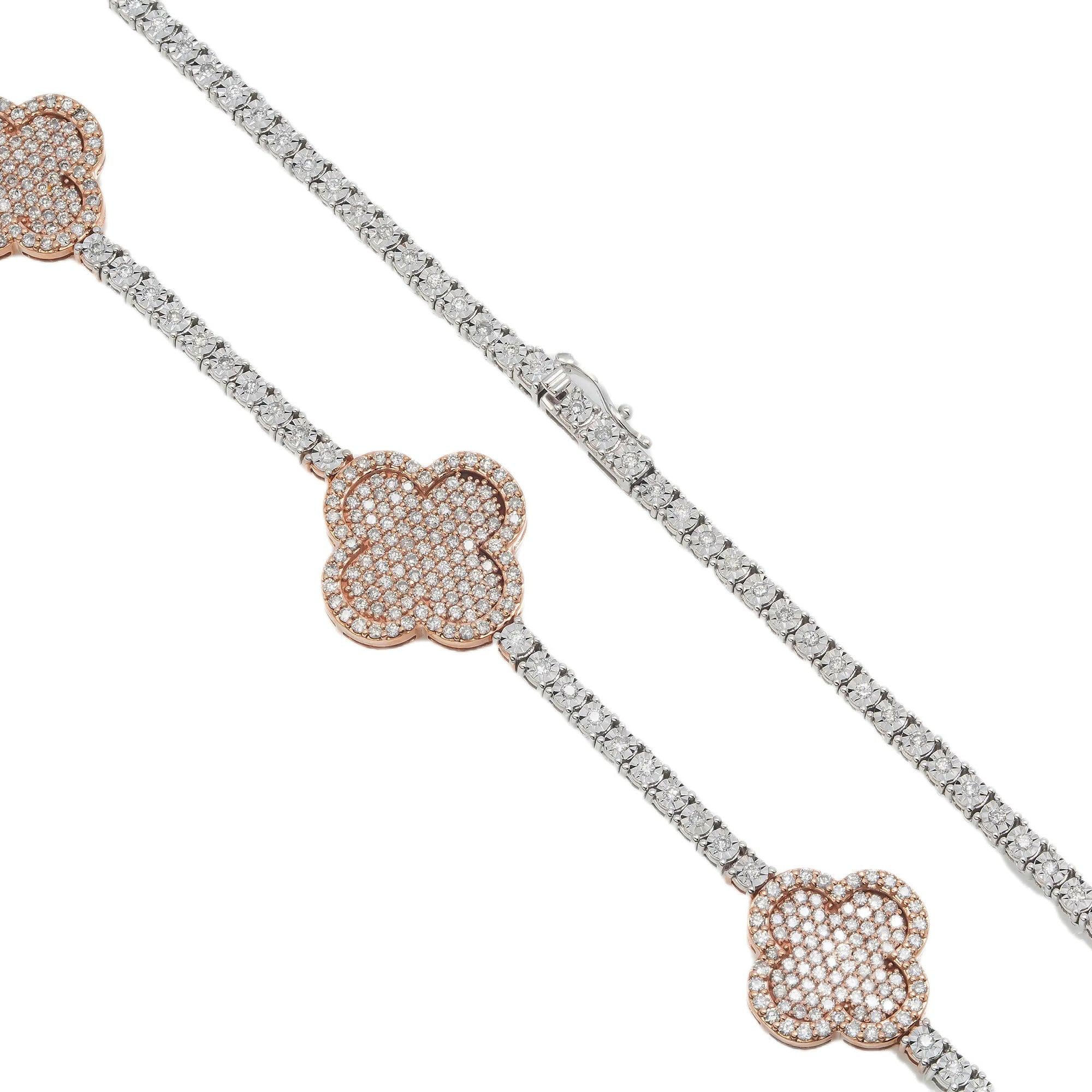 10K GOLD ROUND DIAMOND CLOVER TWO TONE TENNIS CHAIN 3.55 CT