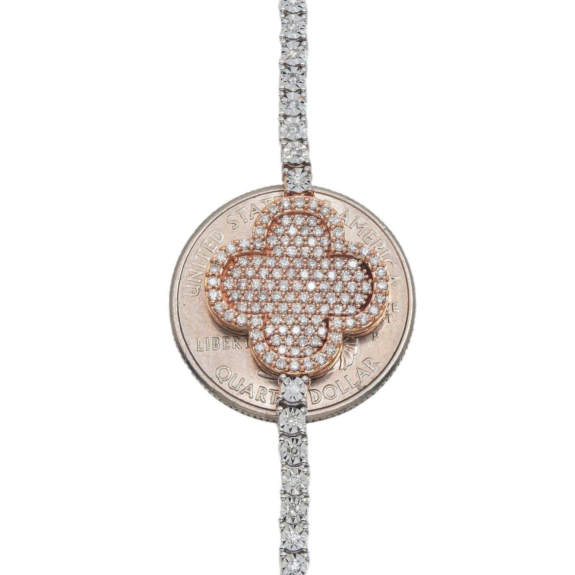 10K GOLD ROUND DIAMOND CLOVER TWO TONE TENNIS CHAIN 3.55 CT