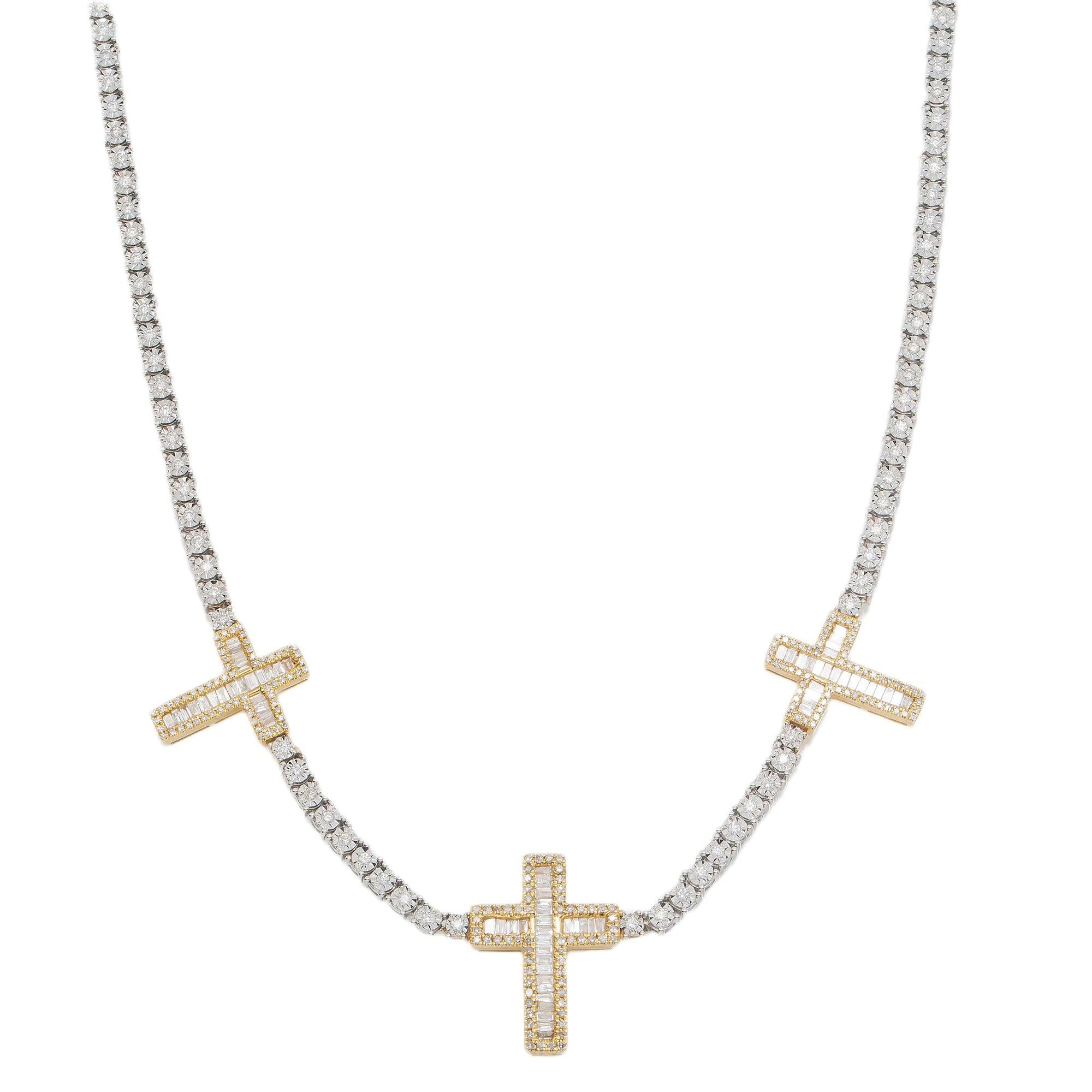 10K GOLD BAGUETTE AND ROUND DIAMOND CROSS TWO TONE TENNIS CHAIN 2.40 CT