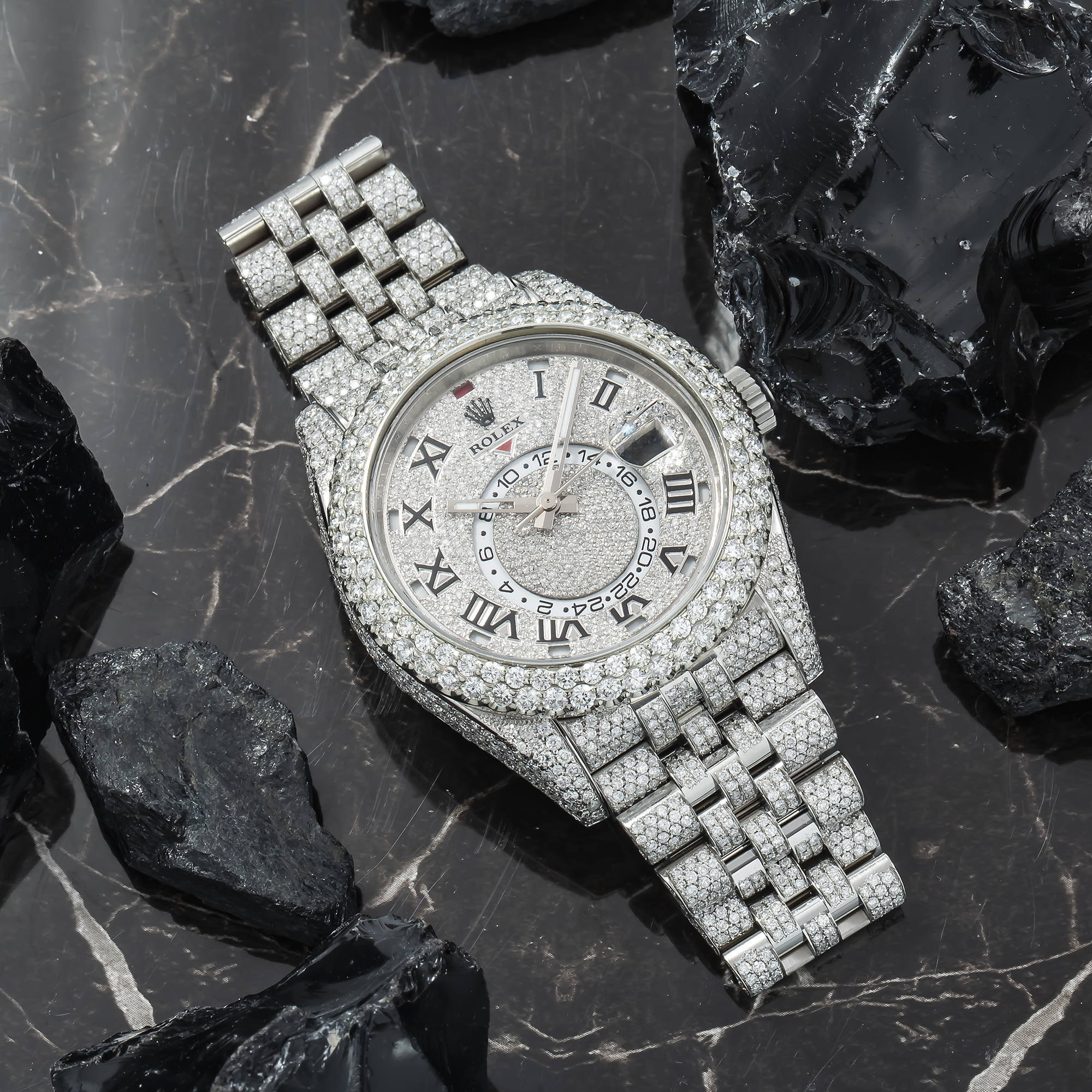 Rolex Sky-Dweller 42MM 326934 Diamond Paved Roman Dial Diamond Bezel Stainless Steel Full Diamond Jubilee Bracelet 21.75ct