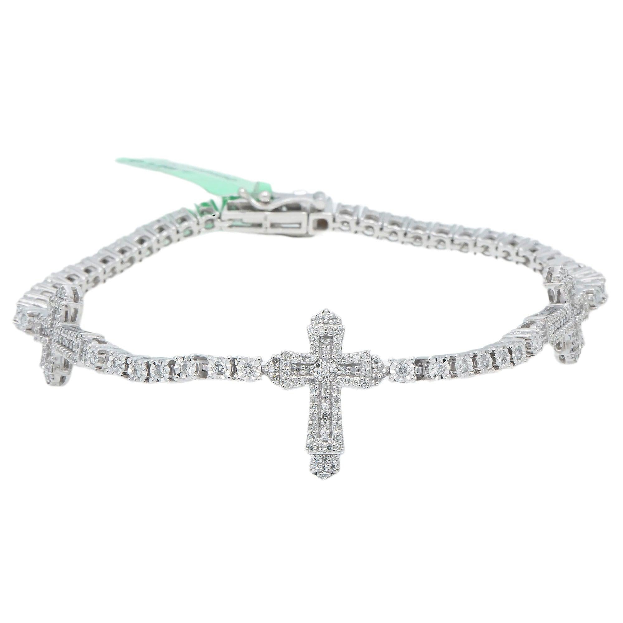 10K GOLD ROUND DIAMONDS CROSS TENNIS BRACELET 1.25 CT