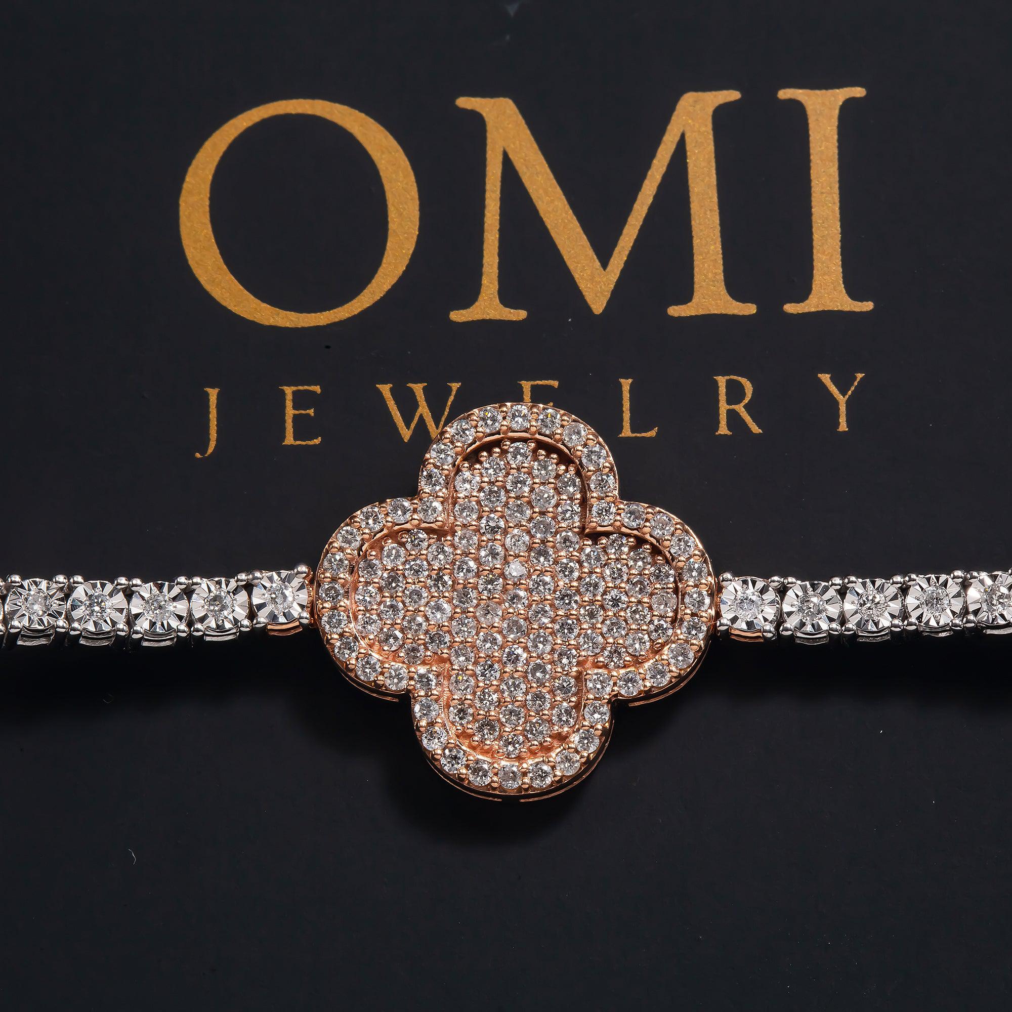 10K GOLD ROUND DIAMOND CLOVER TWO TONE TENNIS CHAIN 3.55 CT