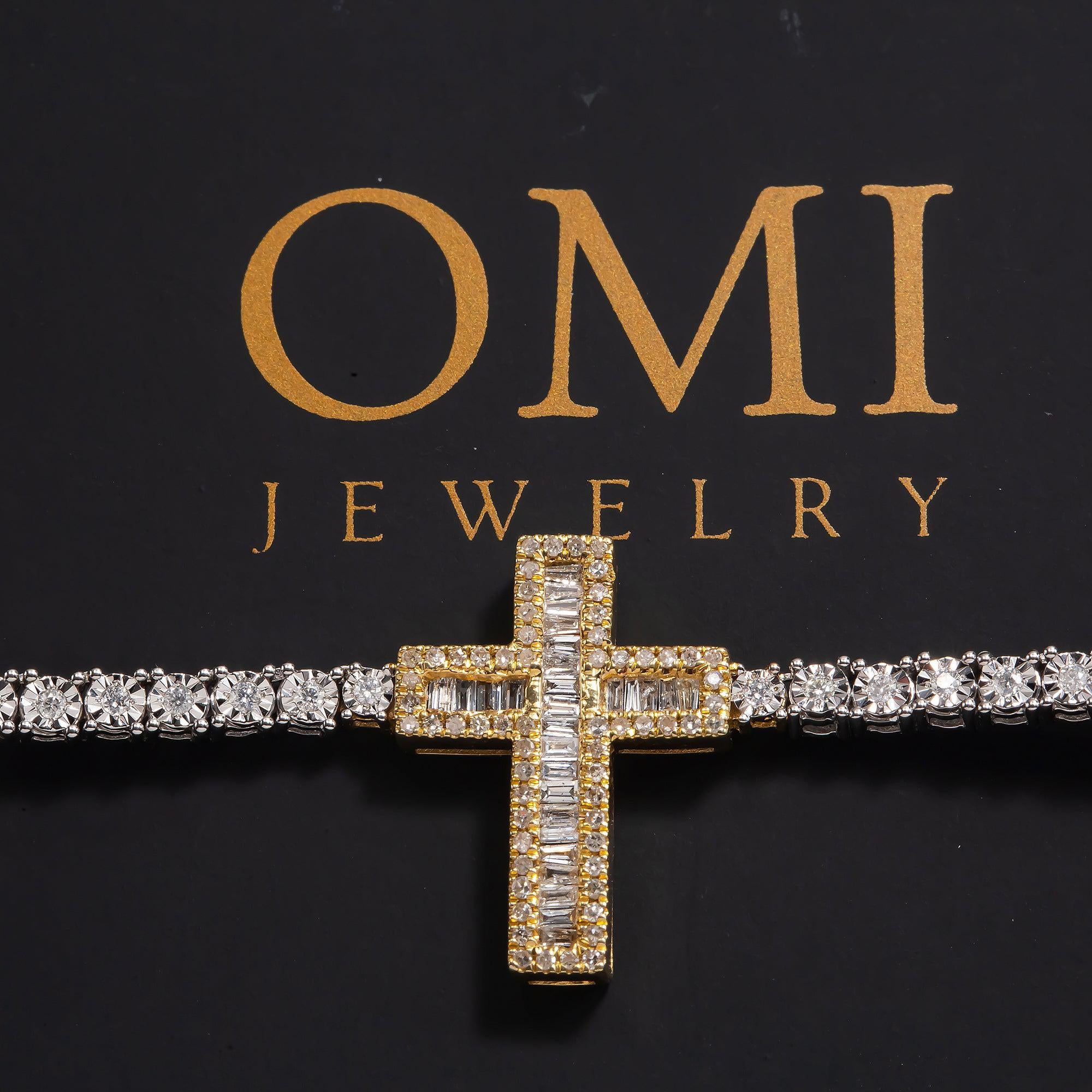 10K GOLD BAGUETTE AND ROUND DIAMOND CROSS TWO TONE TENNIS CHAIN 2.40 CT