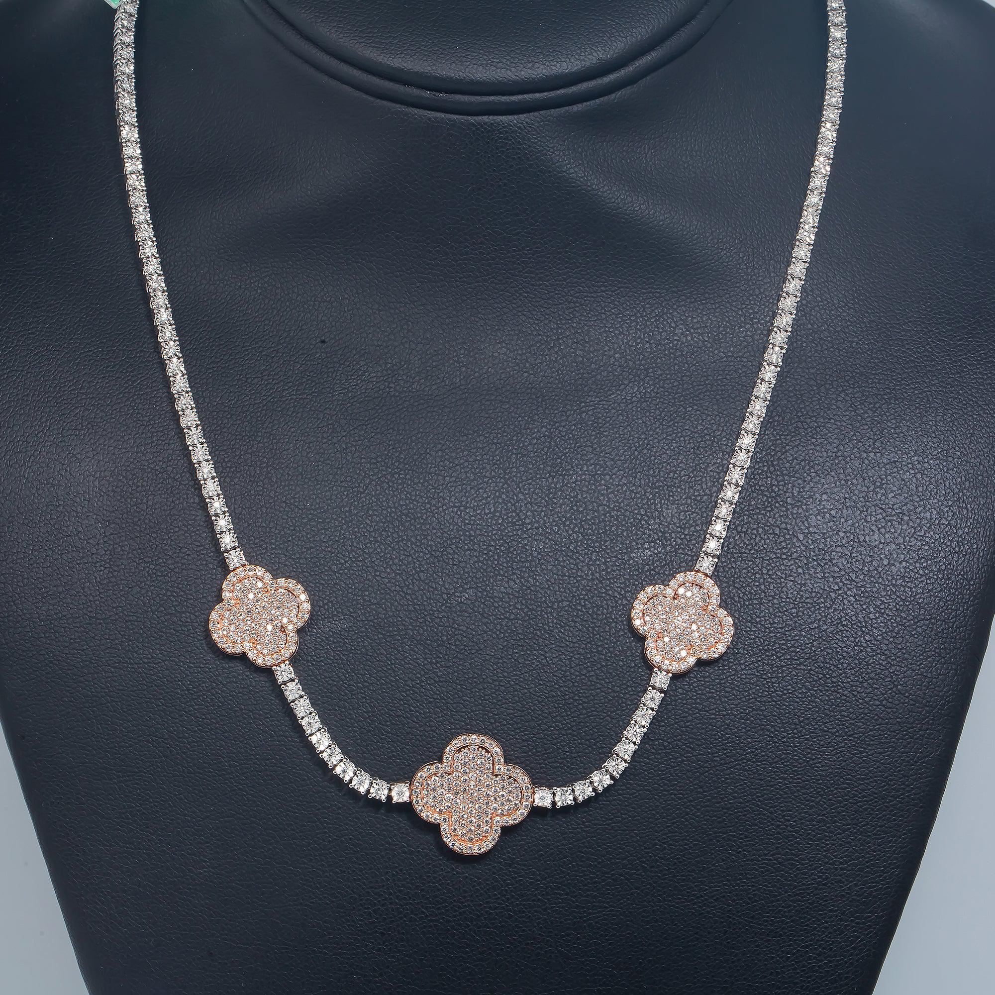 10K GOLD ROUND DIAMOND CLOVER TWO TONE TENNIS CHAIN 3.55 CT