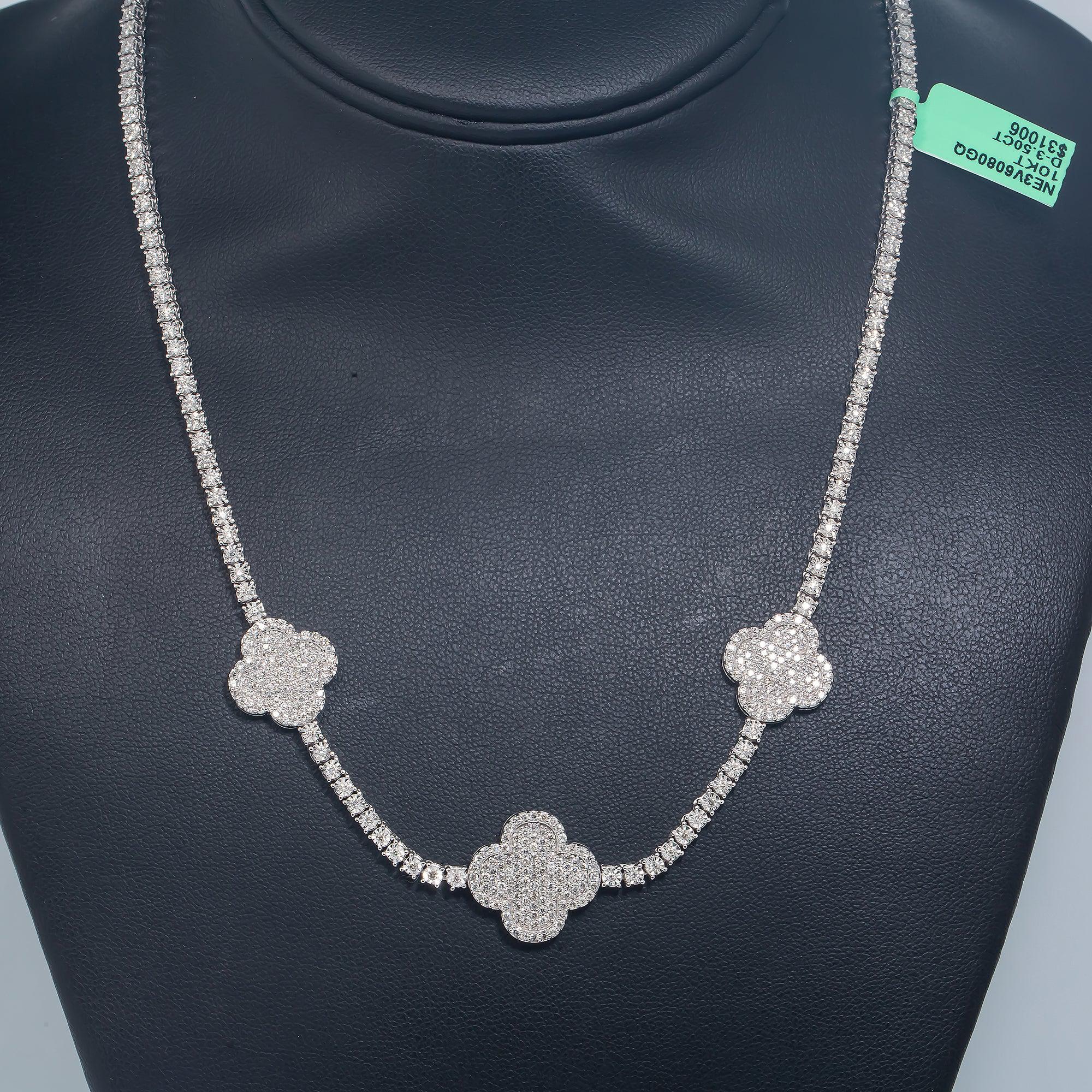 10K GOLD ROUND DIAMOND CLOVER TWO TONE TENNIS CHAIN 3.55 CT