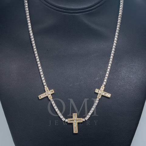 10K GOLD BAGUETTE AND ROUND DIAMOND CROSS TWO TONE TENNIS CHAIN 2.40 CT