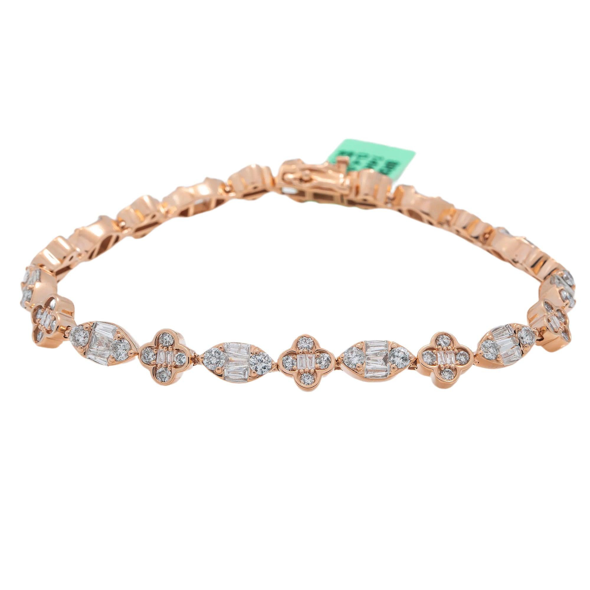14K GOLD BAGUETTE AND ROUND DIAMONDS SMALL CLOVER BRACELET 4.00 CT