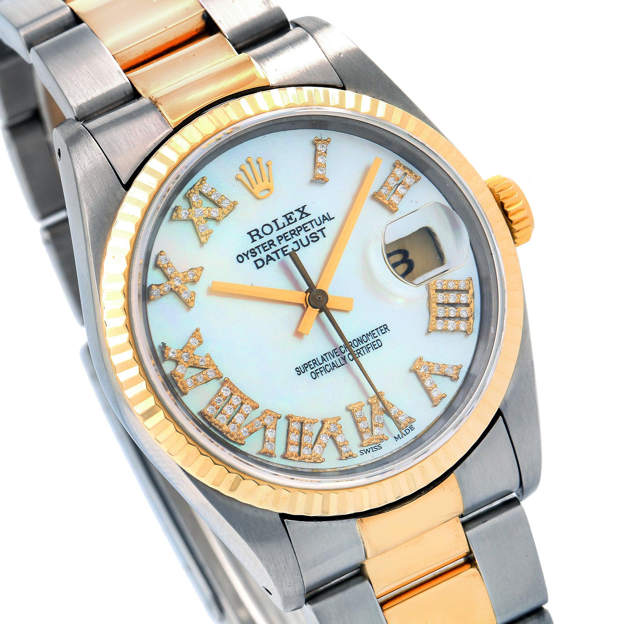 Rolex Datejust 36MM 16013 White Mother of Pearl Roman Diamond Dial Fluted Bezel Two Tone Yellow Gold Oyster Bracelet