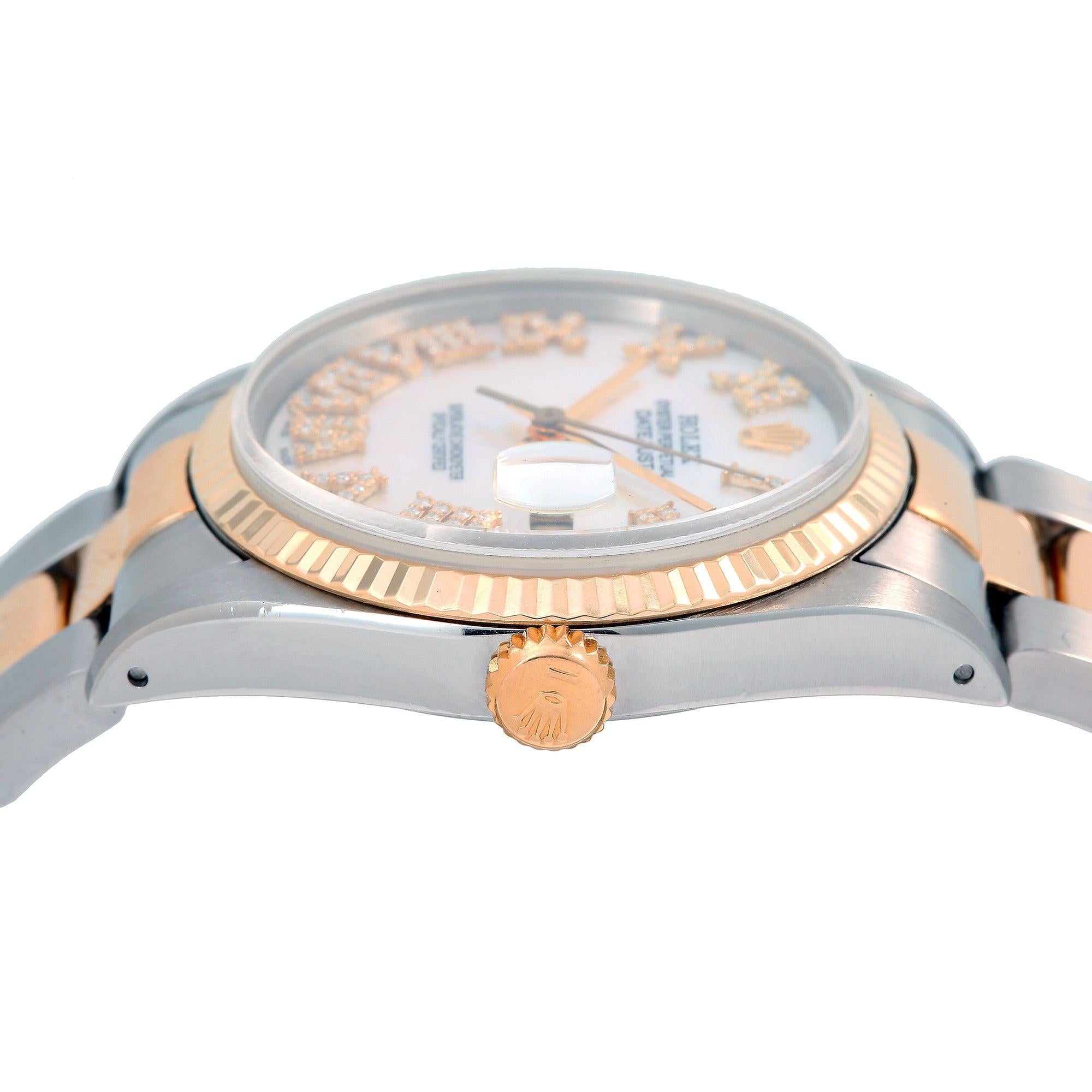 Rolex Datejust 36MM 16013 White Mother of Pearl Roman Diamond Dial Fluted Bezel Two Tone Yellow Gold Oyster Bracelet