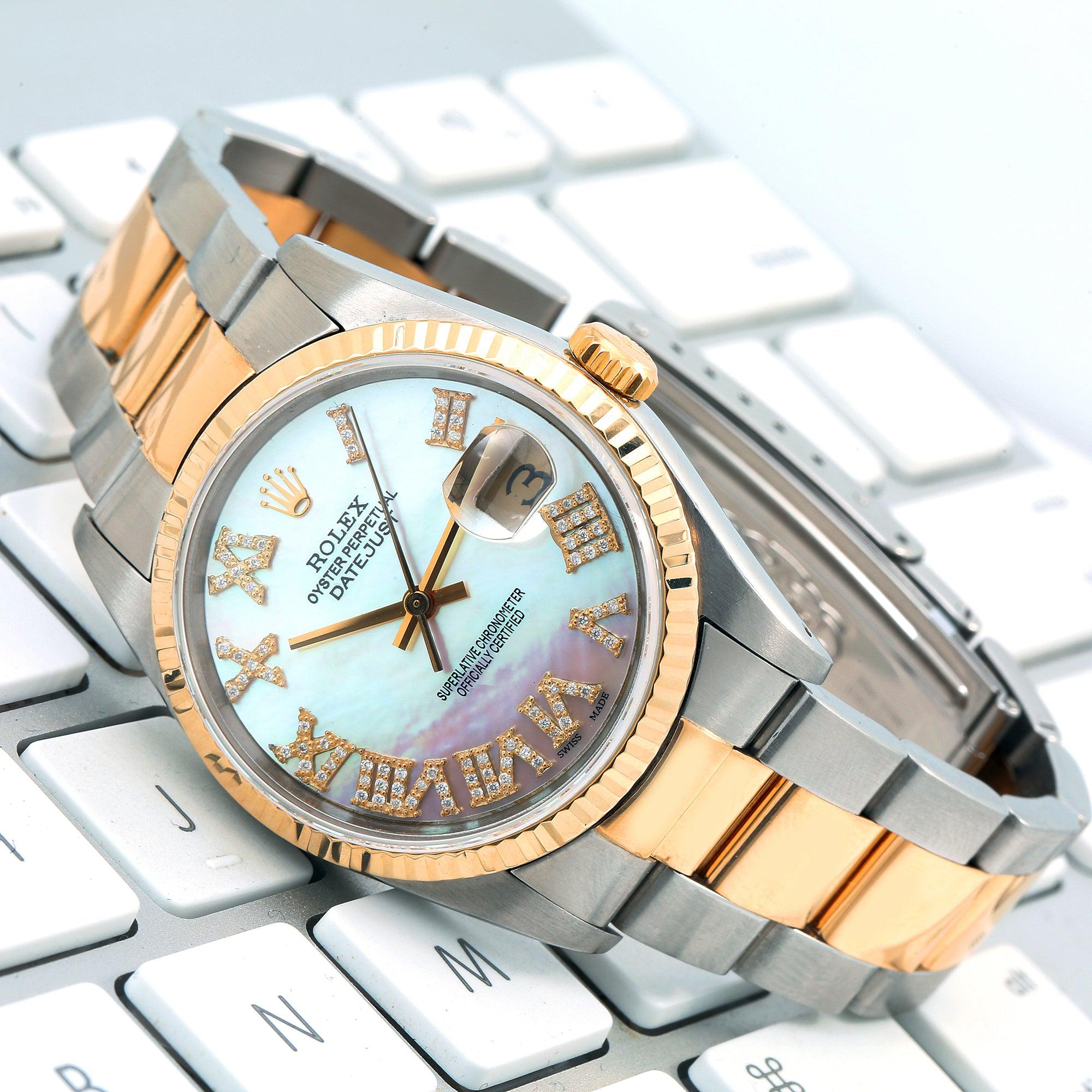Rolex Datejust 36MM 16013 White Mother of Pearl Roman Diamond Dial Fluted Bezel Two Tone Yellow Gold Oyster Bracelet