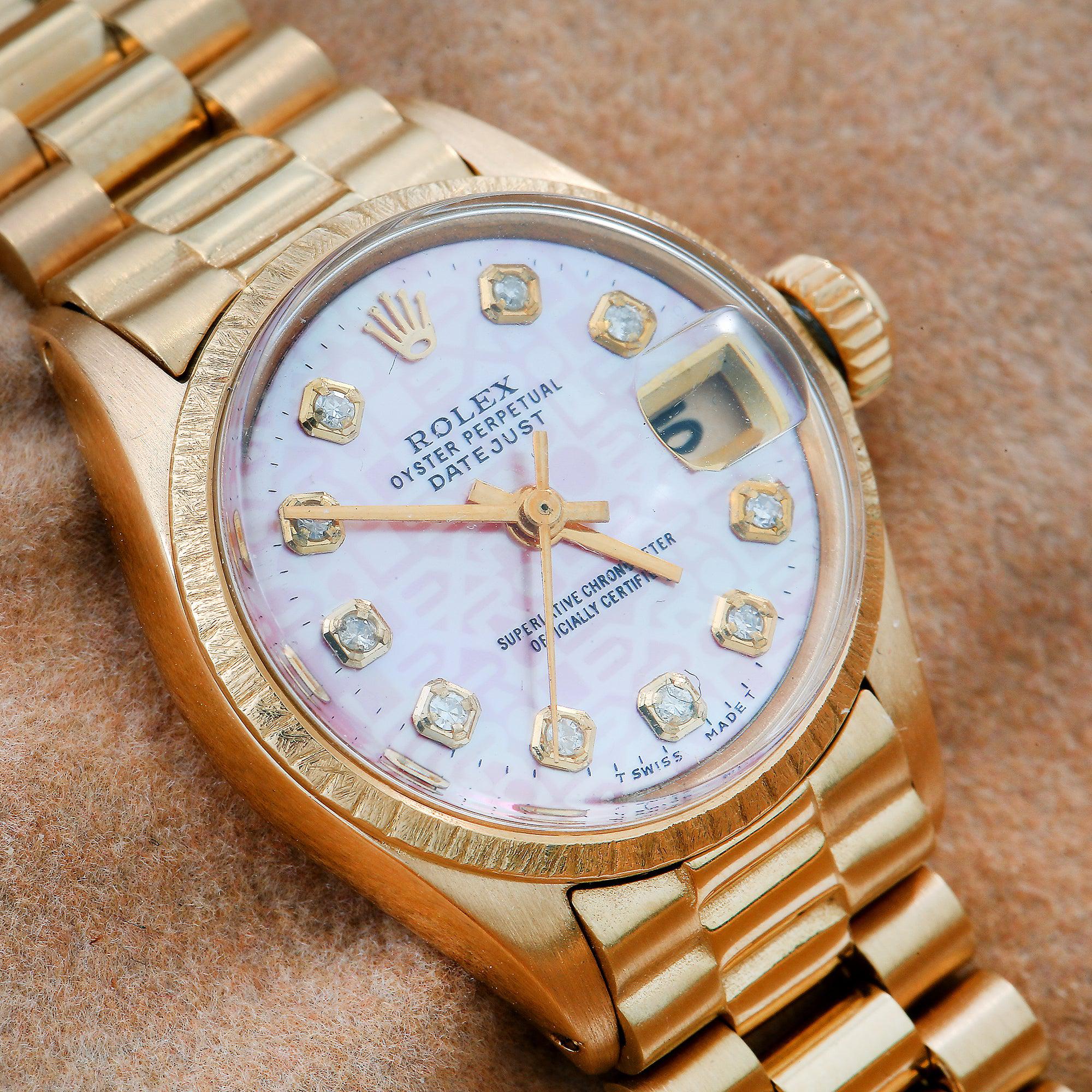 Rolex Datejust 26MM 69178 Pink Pattern Diamond Dial Bark Bezel 18K Yellow Gold President Bracelet