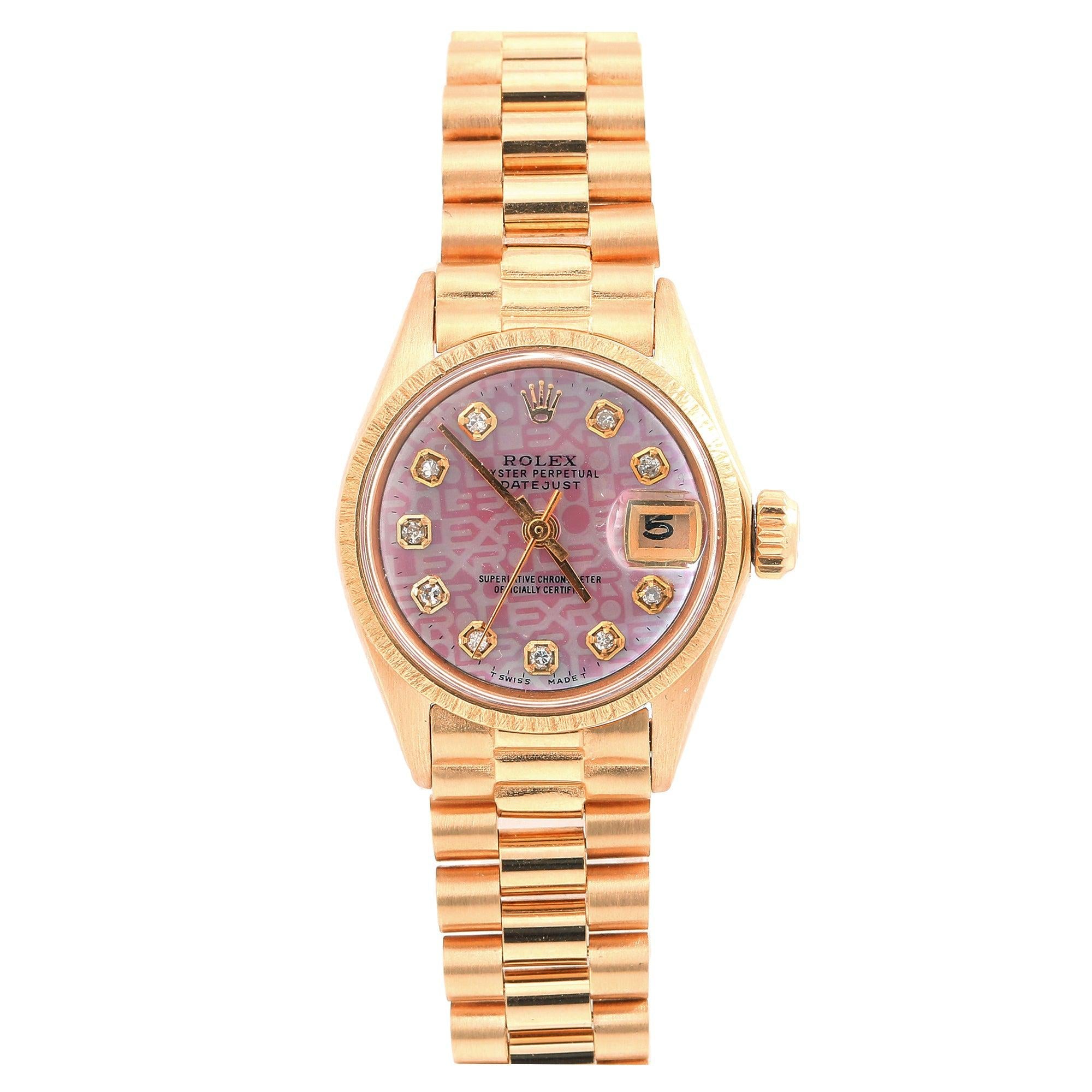 Rolex Datejust 26MM 69178 Pink Pattern Diamond Dial Bark Bezel 18K Yellow Gold President Bracelet