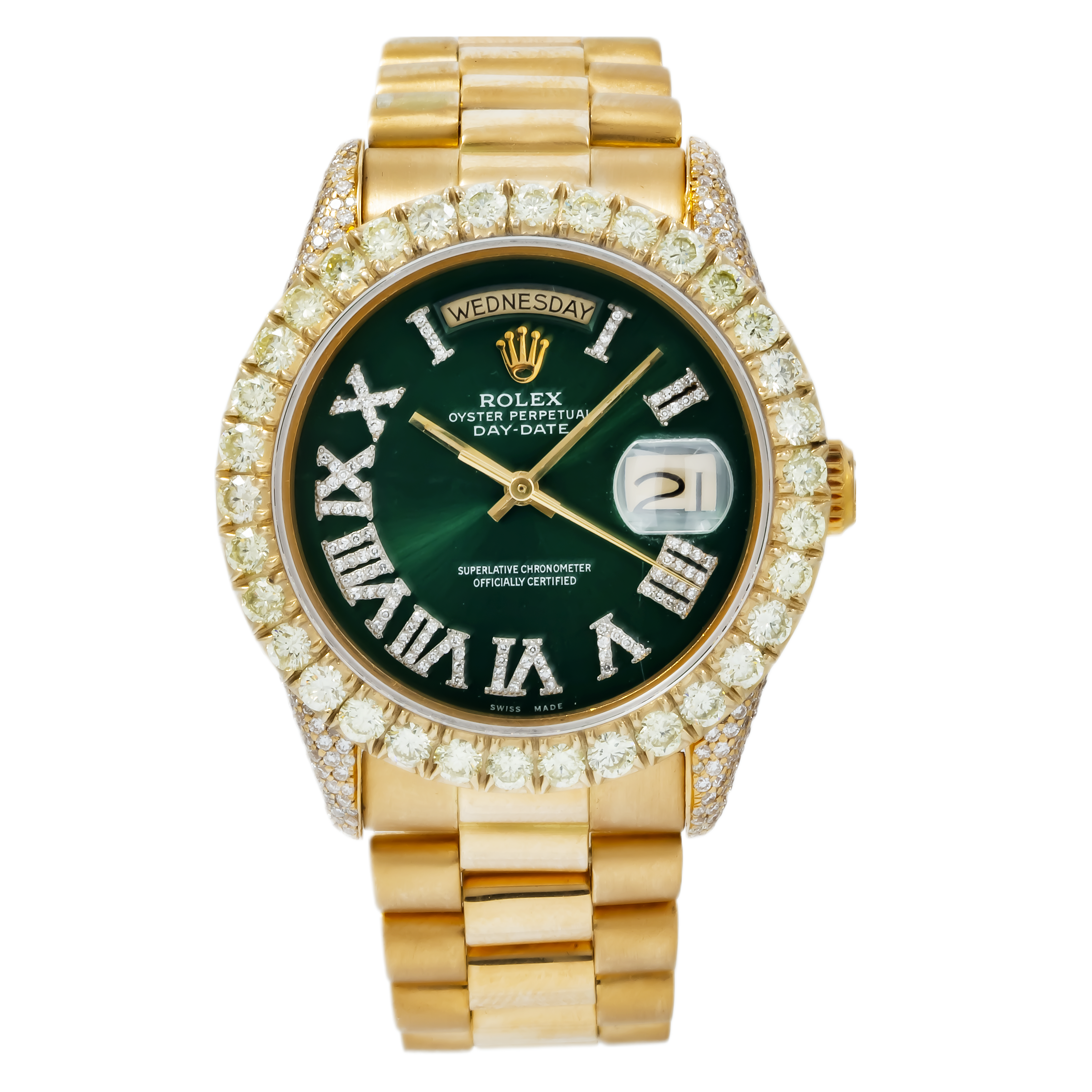 Rolex Day-Date 36MM 18038 Green Roman Dial Diamond Bezel 18K Yellow Gold President Bracelet 17.5ct