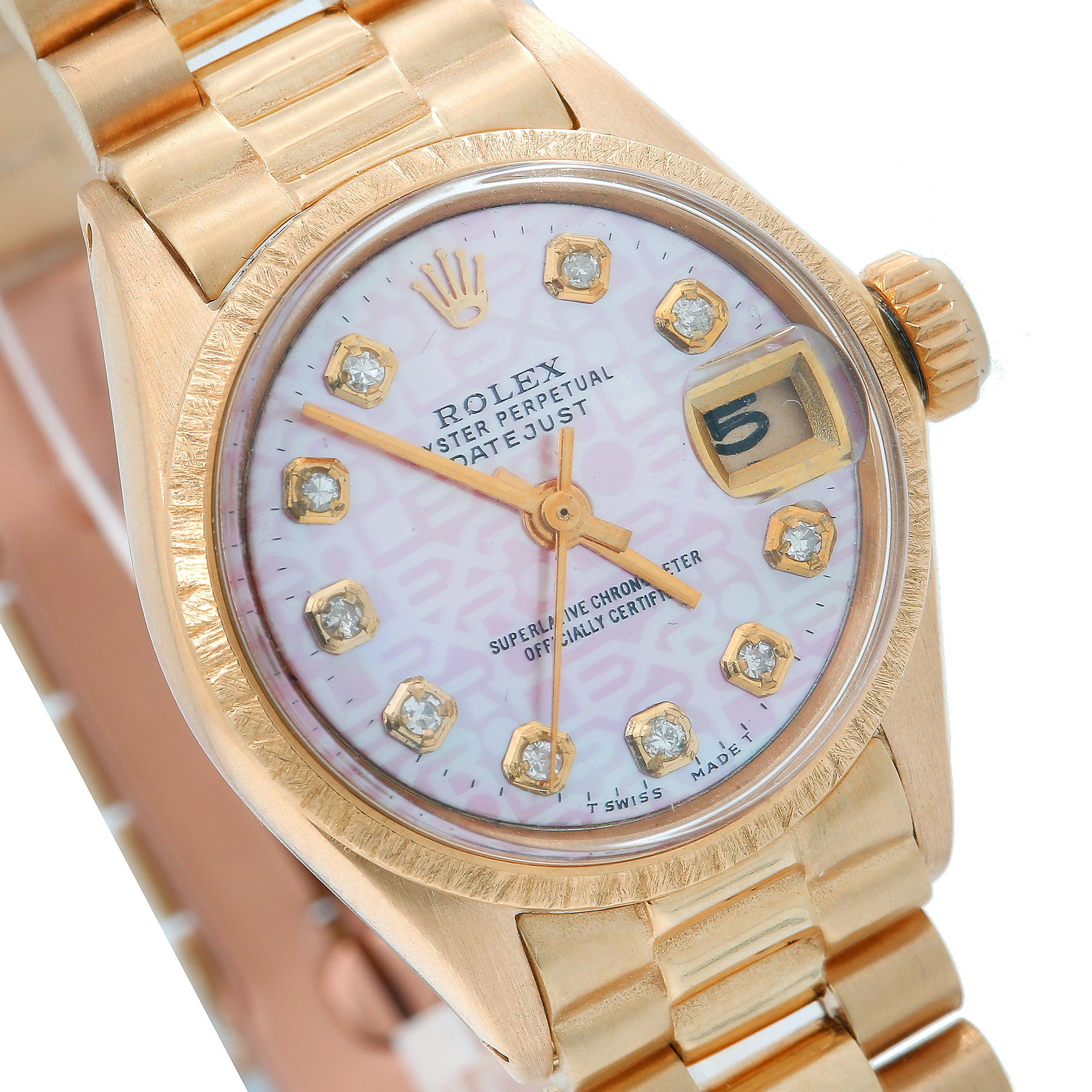 Rolex Datejust 26MM 69178 Pink Pattern Diamond Dial Bark Bezel 18K Yellow Gold President Bracelet