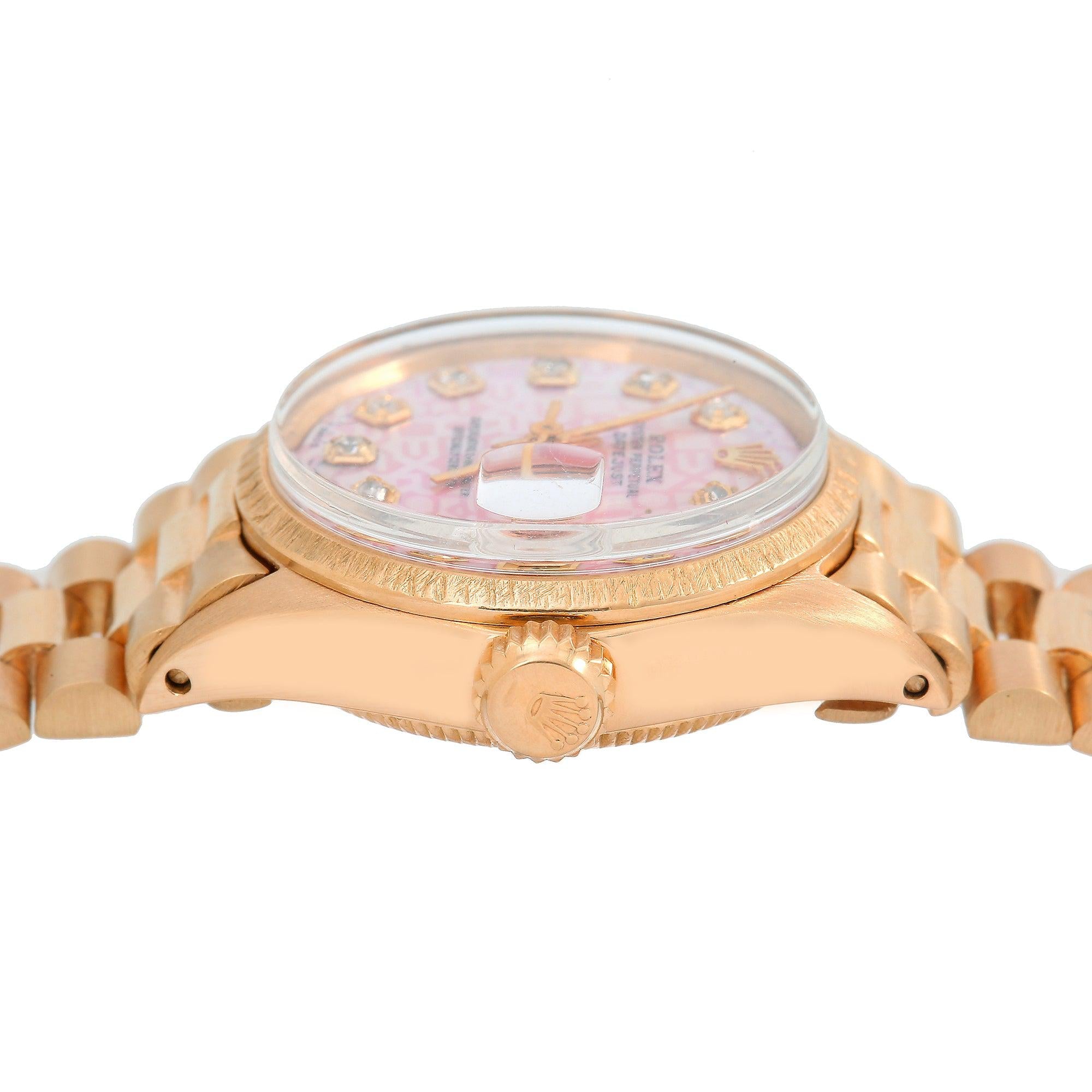 Rolex Datejust 26MM 69178 Pink Pattern Diamond Dial Bark Bezel 18K Yellow Gold President Bracelet