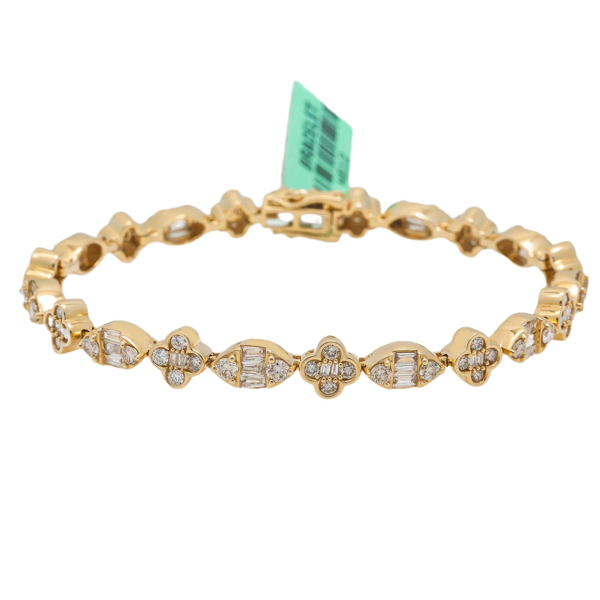 14K GOLD BAGUETTE AND ROUND DIAMONDS SMALL CLOVER BRACELET 4.00 CT