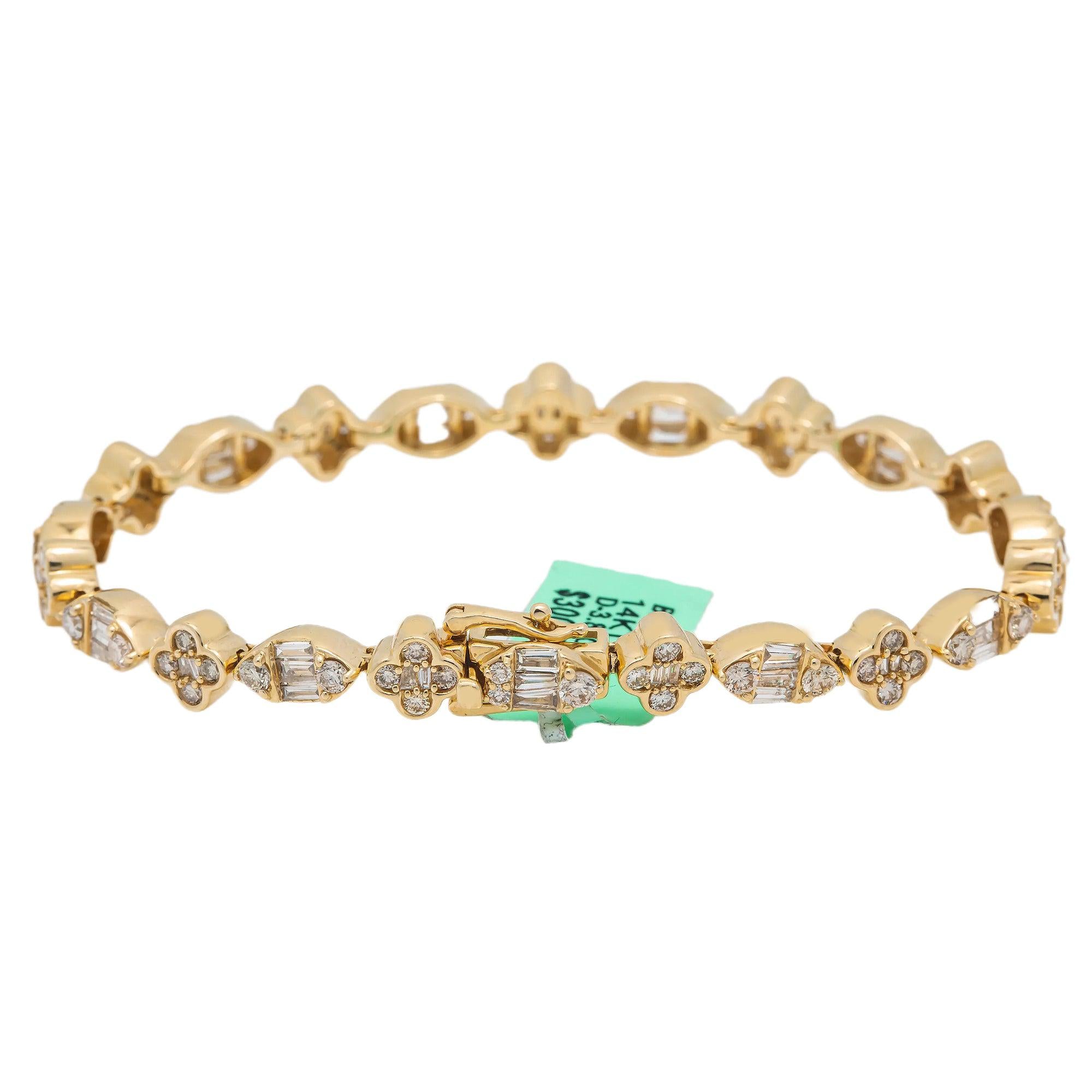 14K GOLD BAGUETTE AND ROUND DIAMONDS SMALL CLOVER BRACELET 4.00 CT