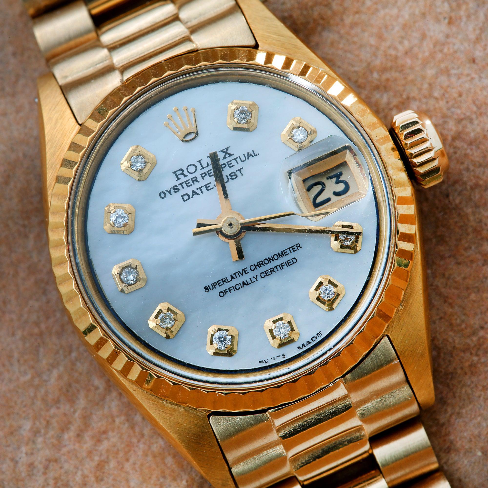 Rolex Datejust 26MM 69178 White Mother of Pearl Diamond Dial Fluted Bezel 18K Yellow Gold President Bracelet