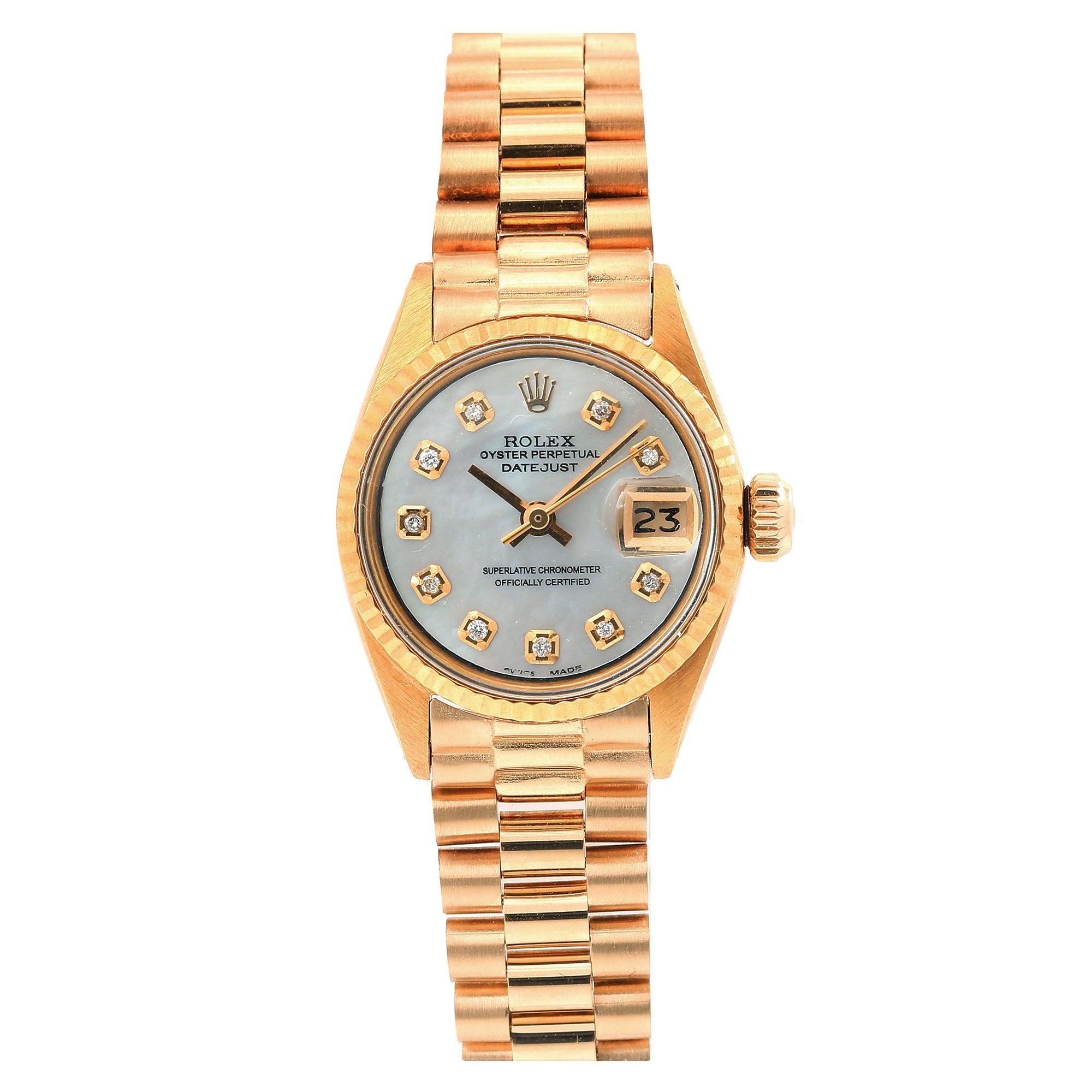 Rolex Datejust 26MM 69178 Mother of Pearl Diamond Dial Yellow Gold Fluted Bezel 18K Yellow Gold President Bracelet