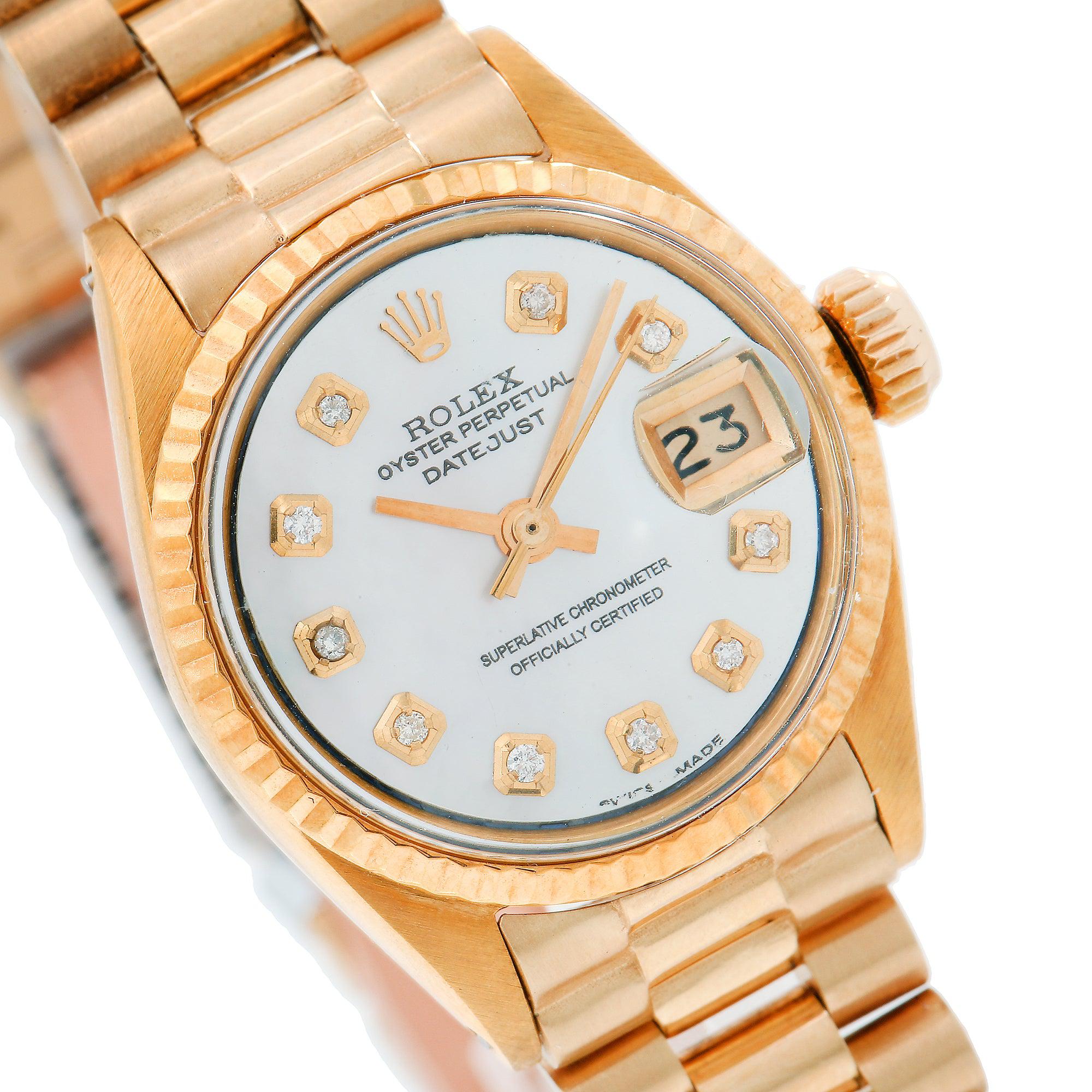Rolex Datejust 26MM 69178 White Mother of Pearl Diamond Dial Fluted Bezel 18K Yellow Gold President Bracelet
