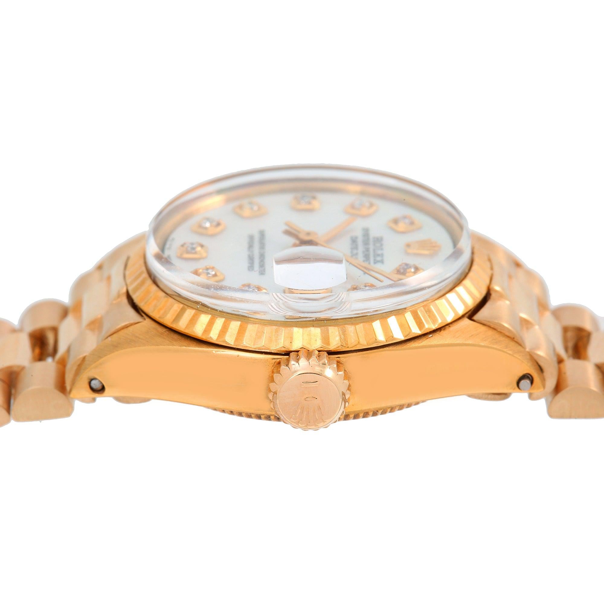 Rolex Datejust 26MM 69178 White Mother of Pearl Diamond Dial Fluted Bezel 18K Yellow Gold President Bracelet