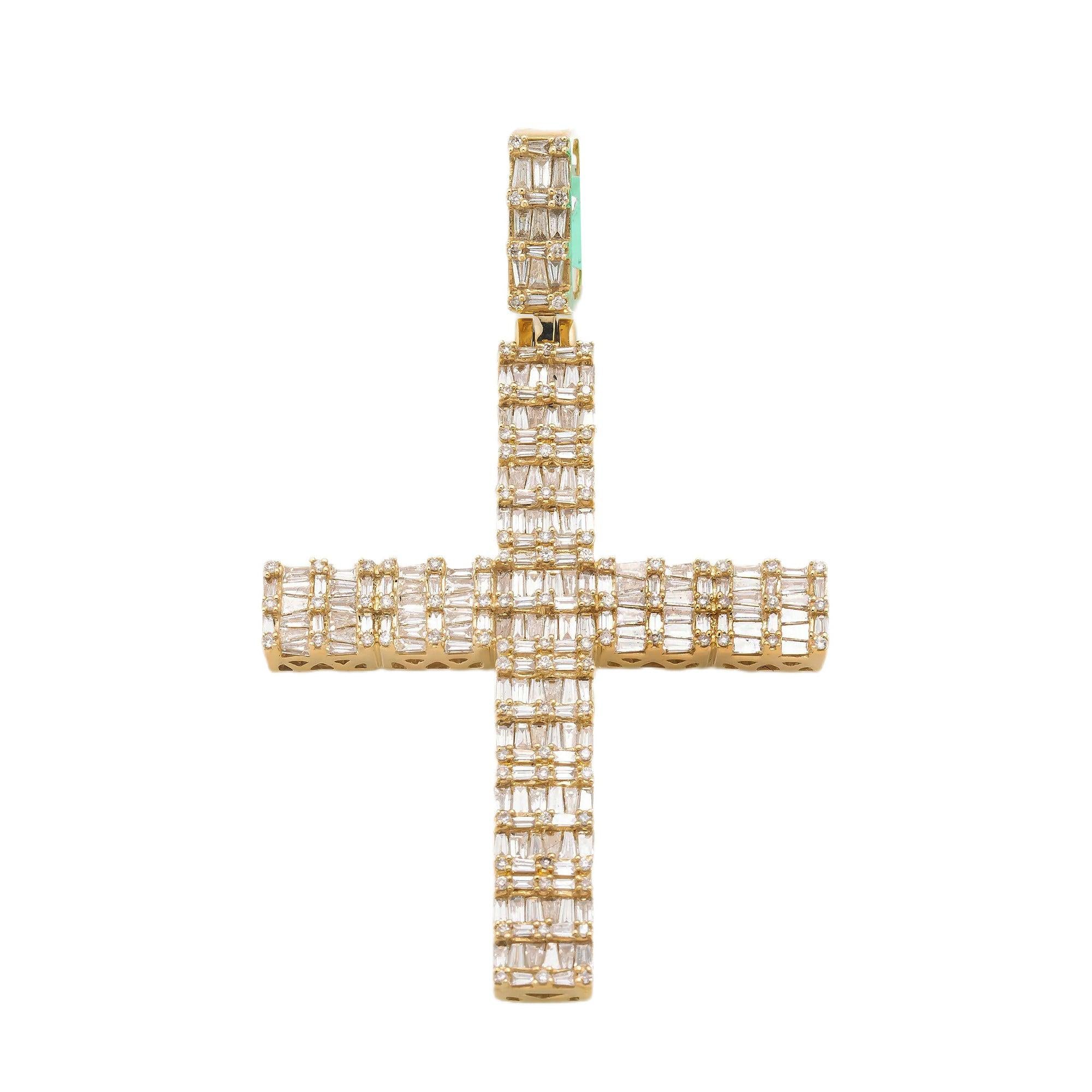 14K GOLD BAGUETTE DIAMOND CROSS PENDANT 3.25 CT