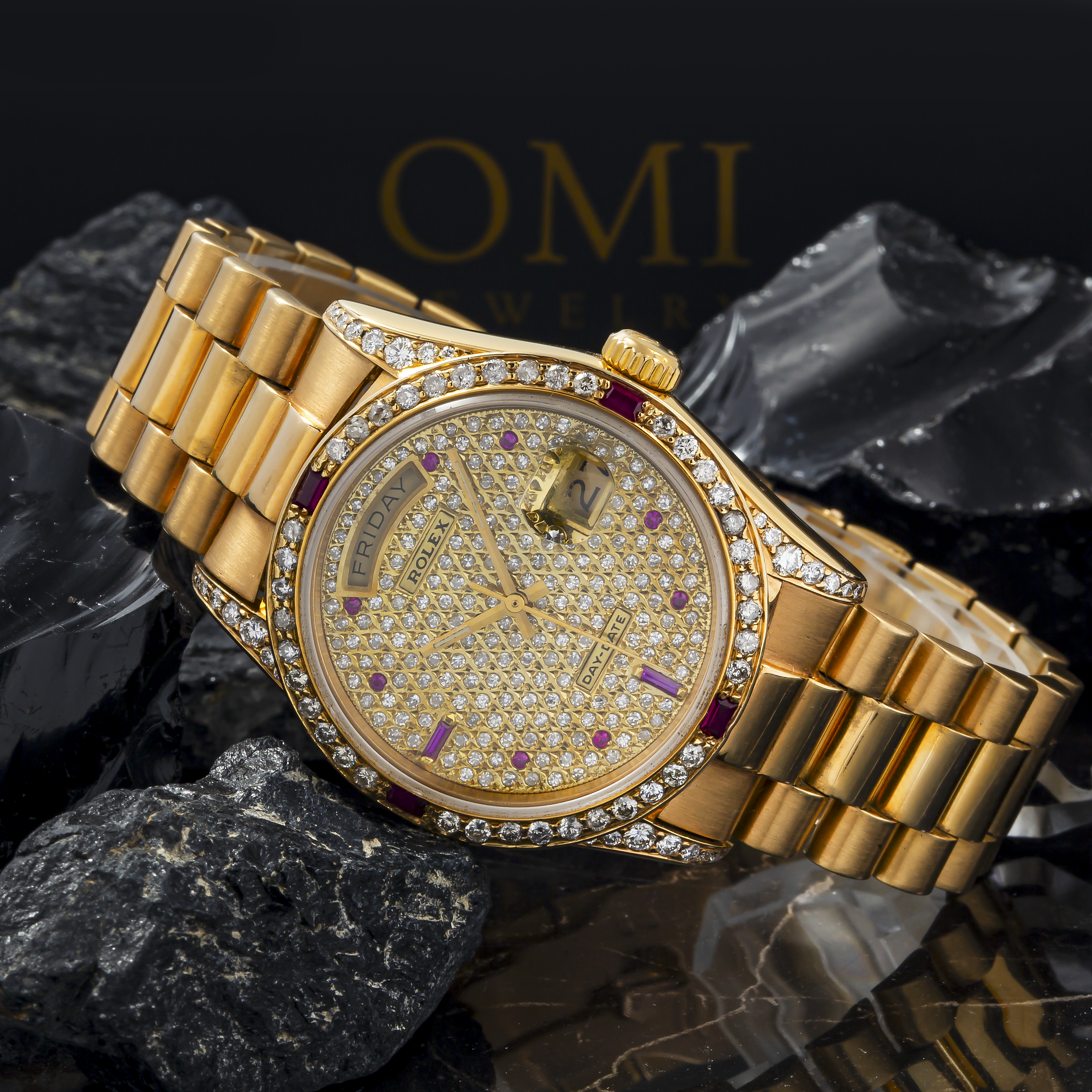 Rolex Day-Date 36MM 18038 Diamond Paved Dial Diamond Bezel 18K Yellow Gold President Bracelet