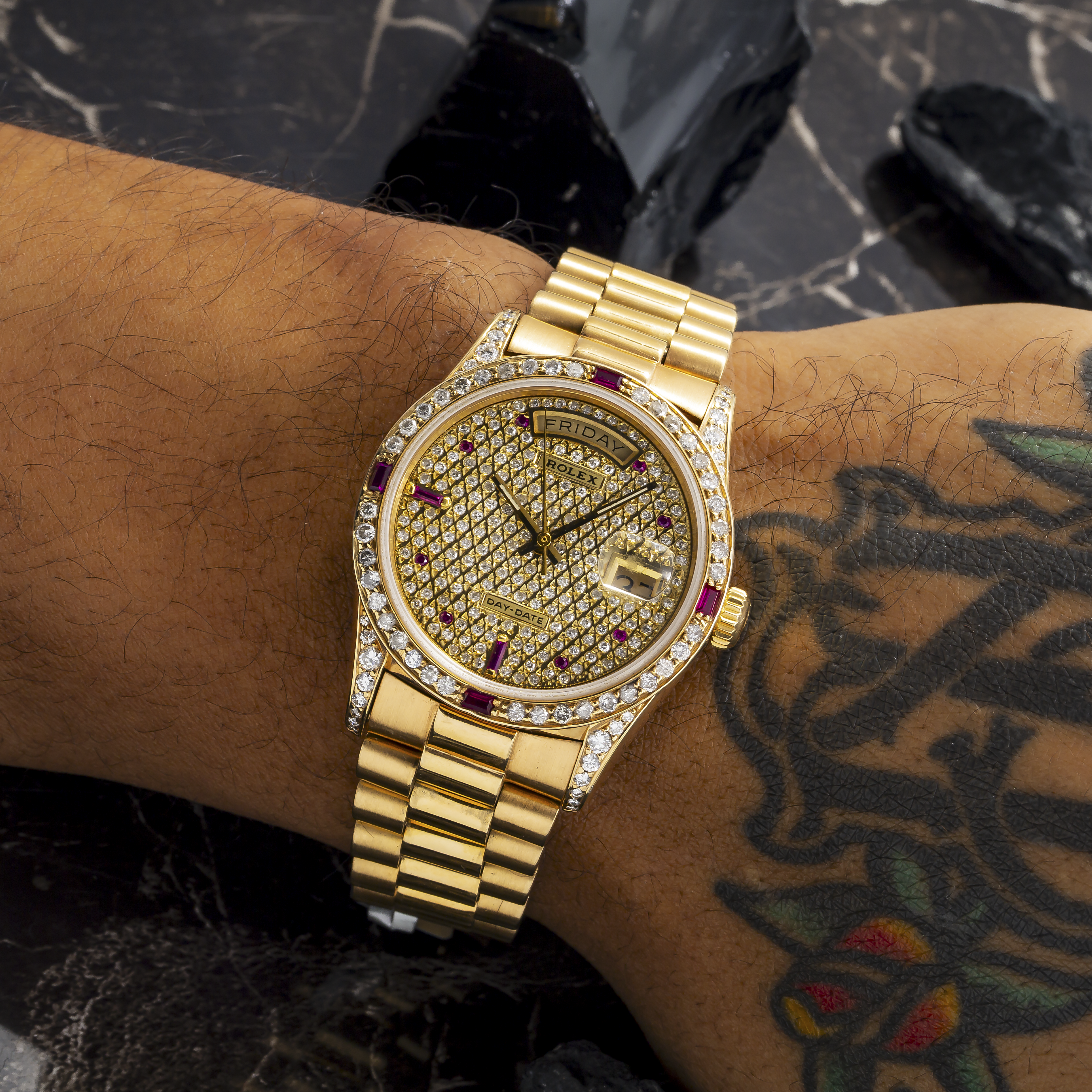 Rolex Day-Date 36MM 18038 Diamond Paved Dial Diamond Bezel 18K Yellow Gold President Bracelet