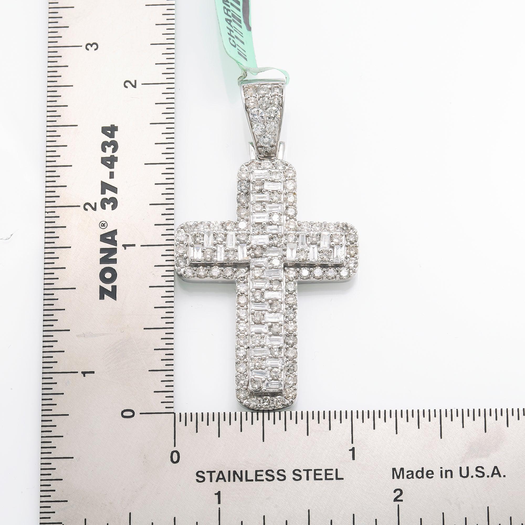 14K GOLD BAGUETTE AND ROUND DIAMOND CROSS PENDANT 3.30 CT