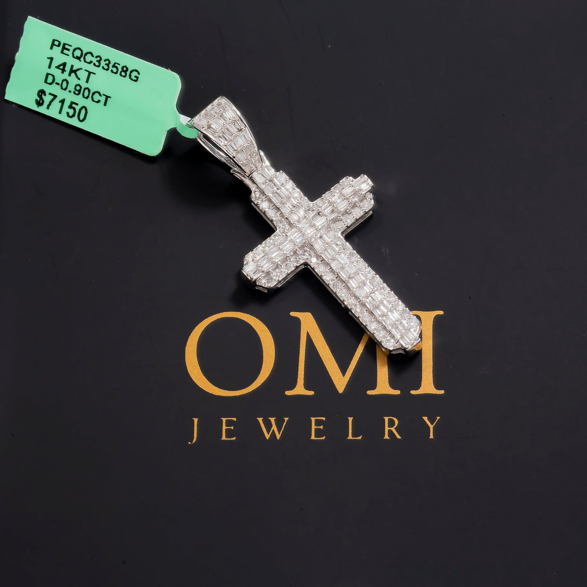 14K GOLD BAGUETTE DIAMOND CROSS PENDANT 0.90 CT