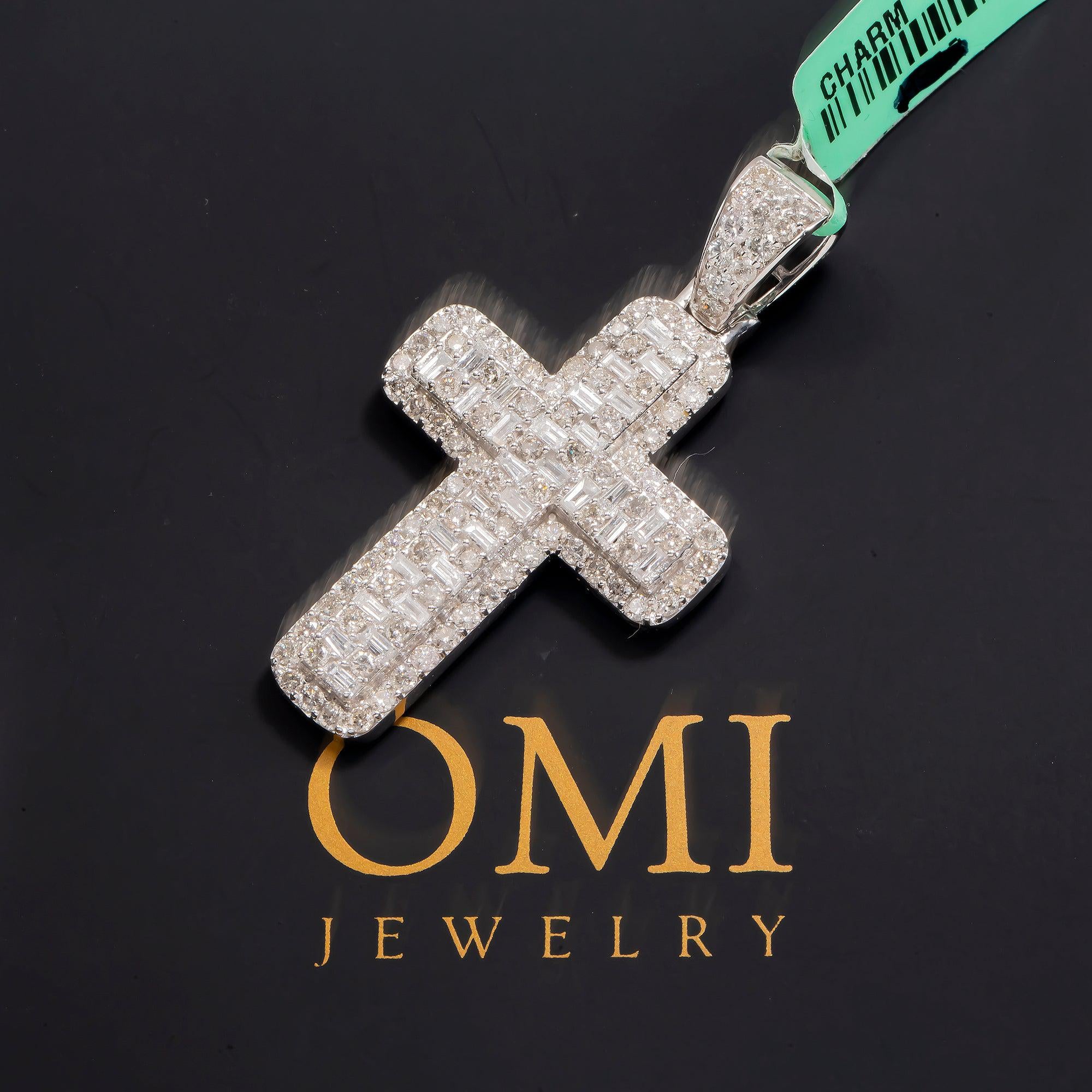 14K GOLD BAGUETTE AND ROUND DIAMOND CROSS PENDANT 3.30 CT