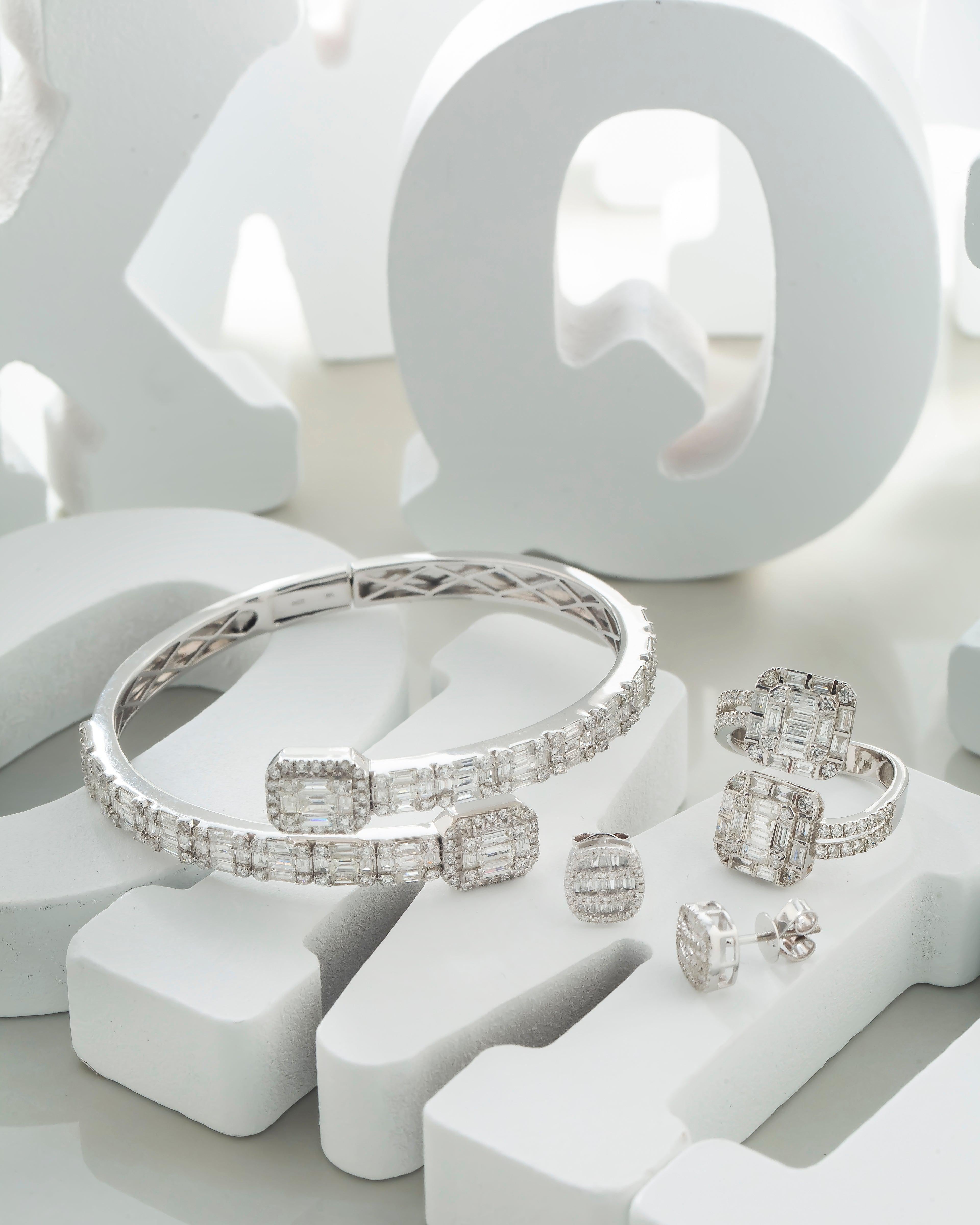14K Gold Diamond Bangle, Ring, & Earrings Set