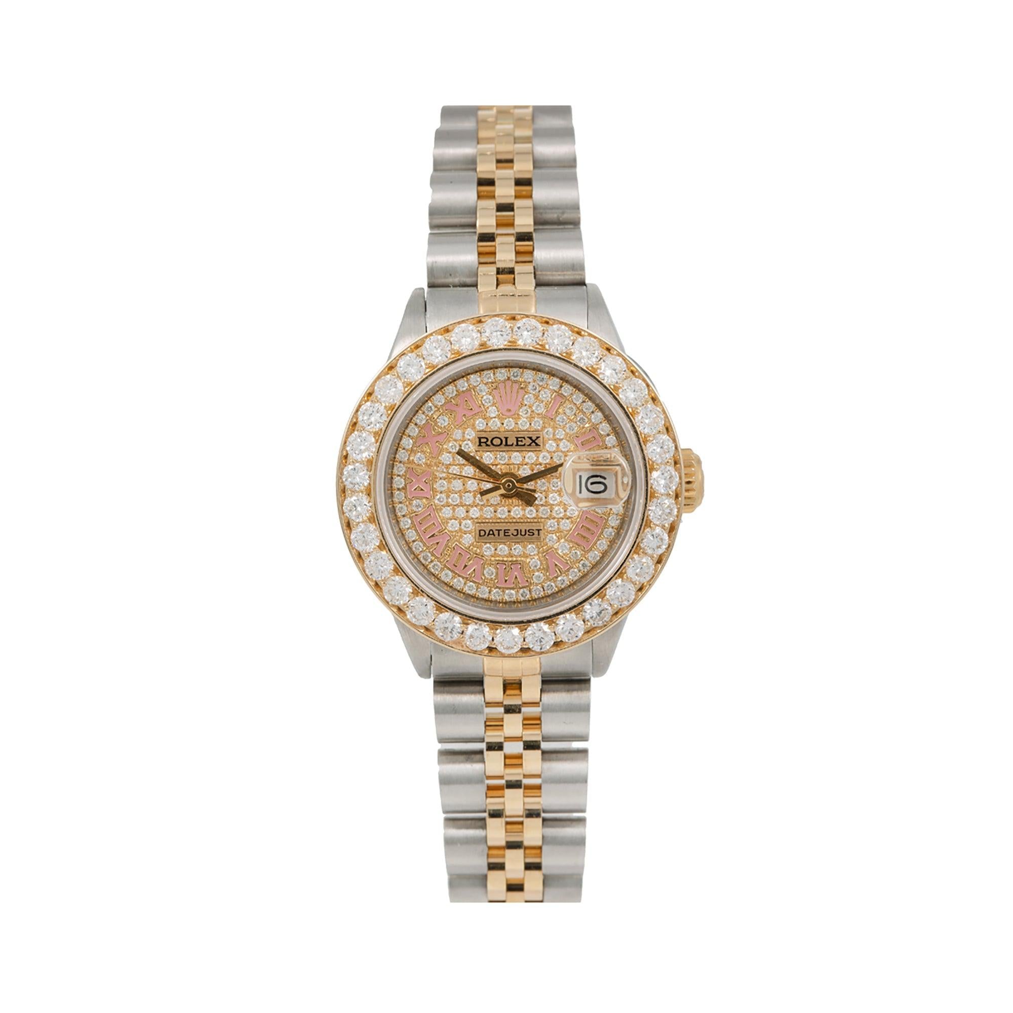 Rolex Datejust 26MM 69173 Diamond Paved Roman Dial Diamond Bezel Two Tone Jubilee Bracelet 3.45ct