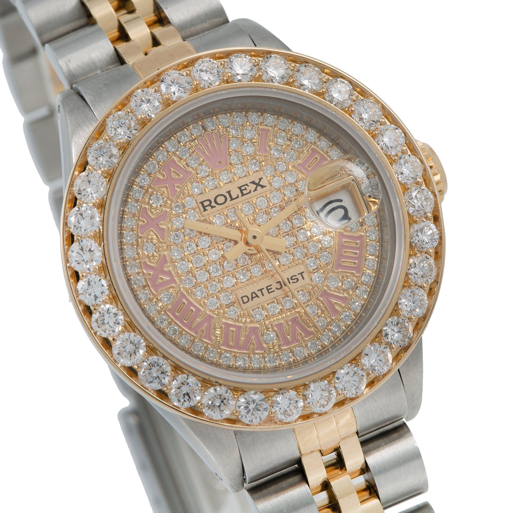 Rolex Datejust 26MM 69173 Diamond Paved Roman Dial Diamond Bezel Two Tone Yellow Gold Jubilee Bracelet 3.45ct