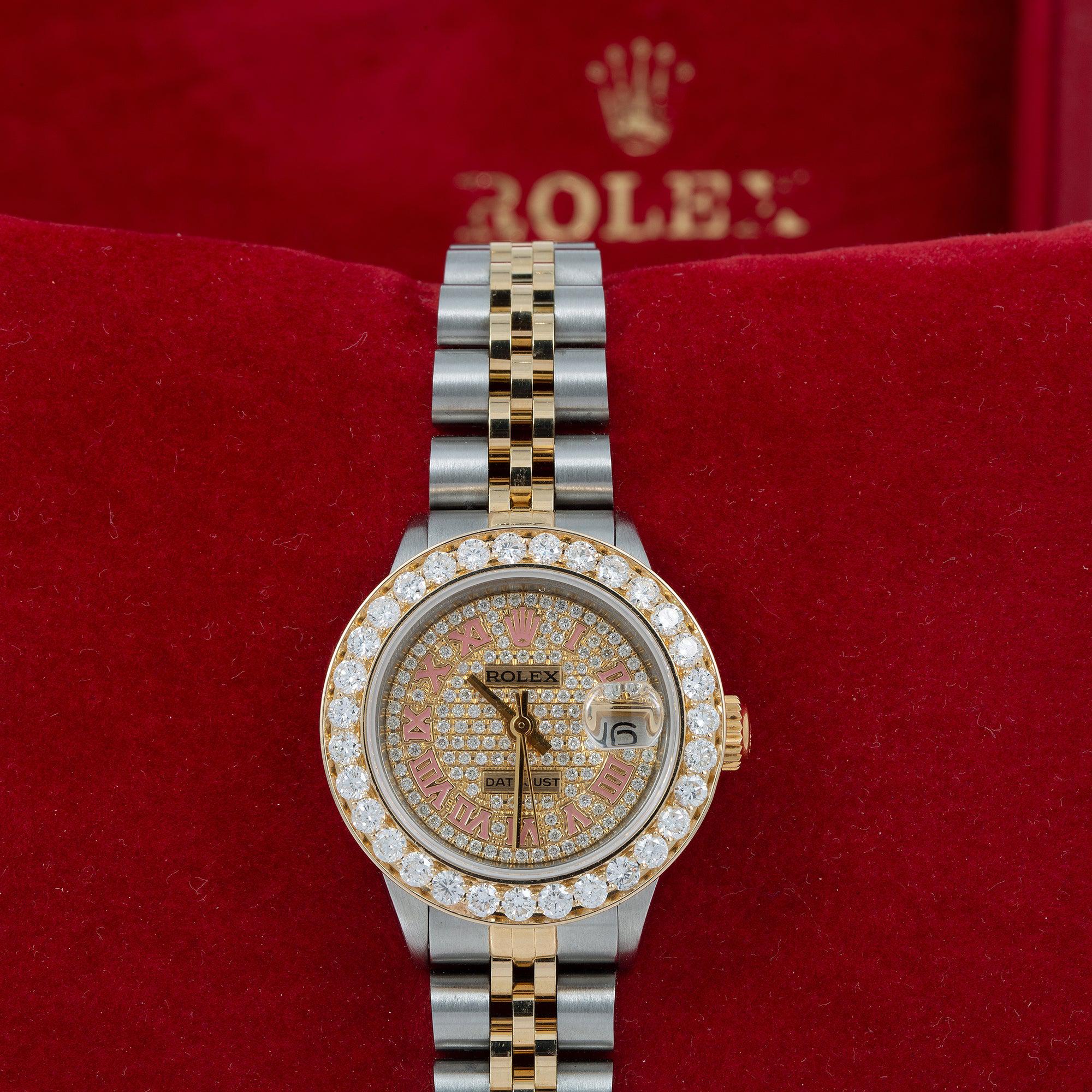 Rolex Datejust 26MM 69173 Diamond Paved Roman Dial Diamond Bezel Two Tone Yellow Gold Jubilee Bracelet 3.45ct
