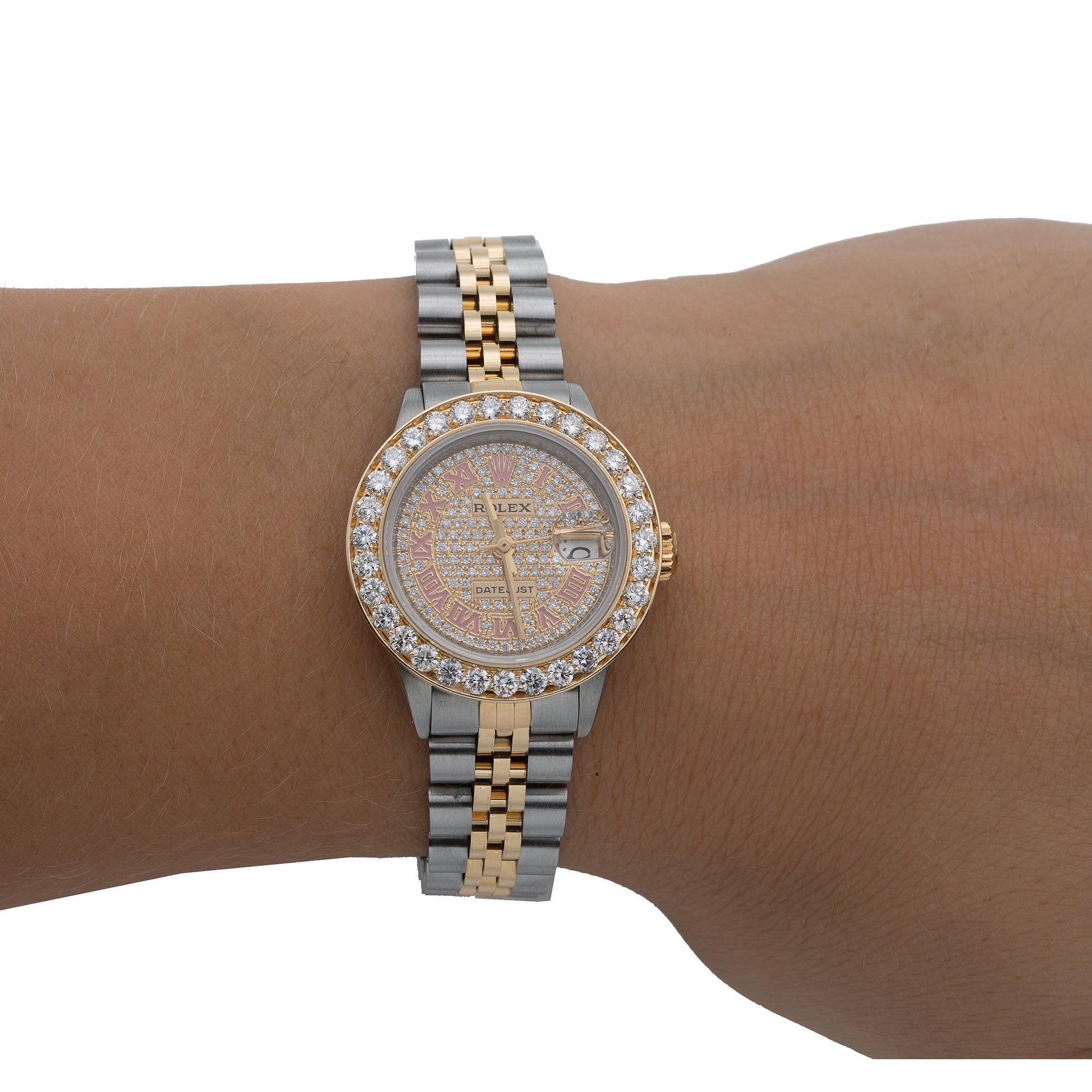 Rolex Datejust 26MM 69173 Diamond Paved Roman Dial Diamond Bezel Two Tone Yellow Gold Jubilee Bracelet 3.45ct