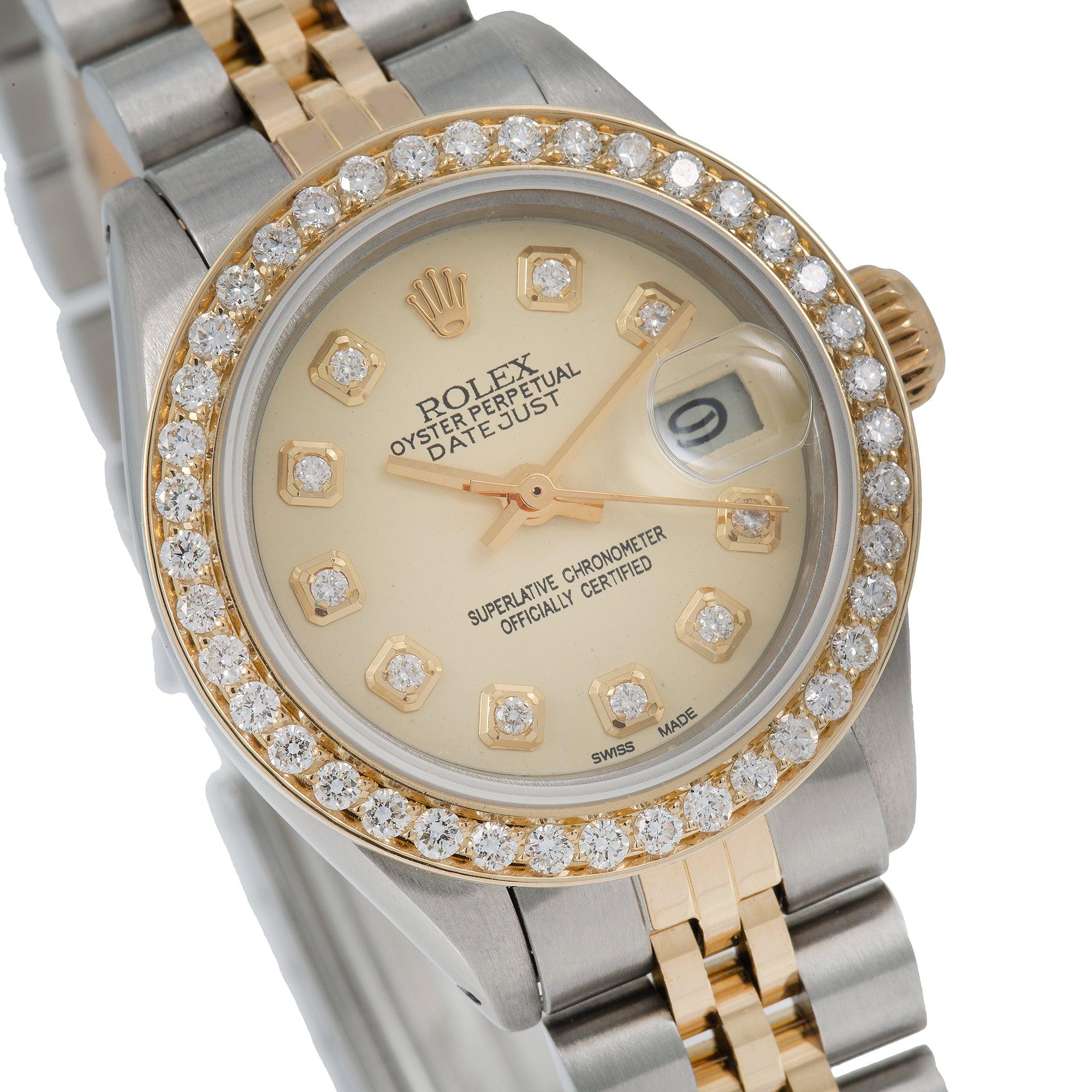 Rolex Datejust 26MM 69173 Champagne Diamond Dial Diamond Bezel Two Tone Yellow Gold Jubilee Bracelet 1.2ct