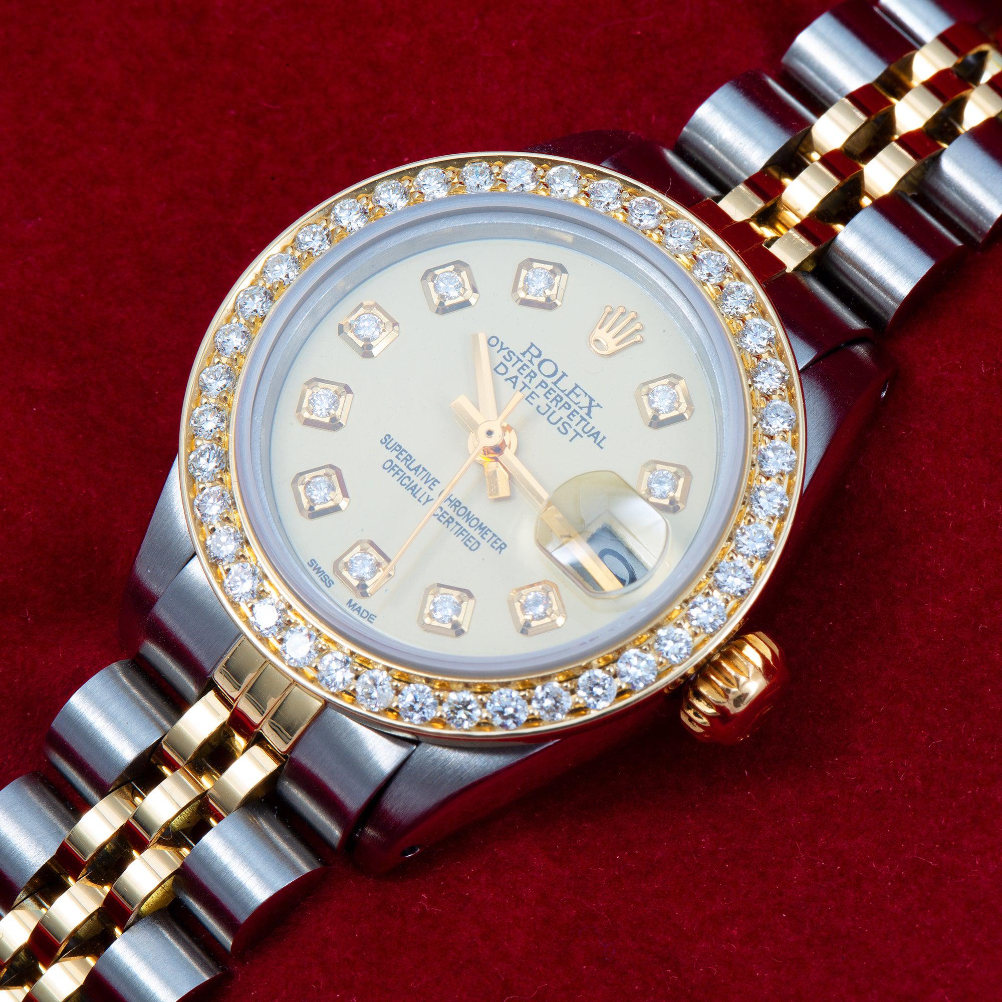 Rolex Datejust 26MM 69173 Champagne Diamond Dial Diamond Bezel Two Tone Yellow Gold Jubilee Bracelet 1.2ct